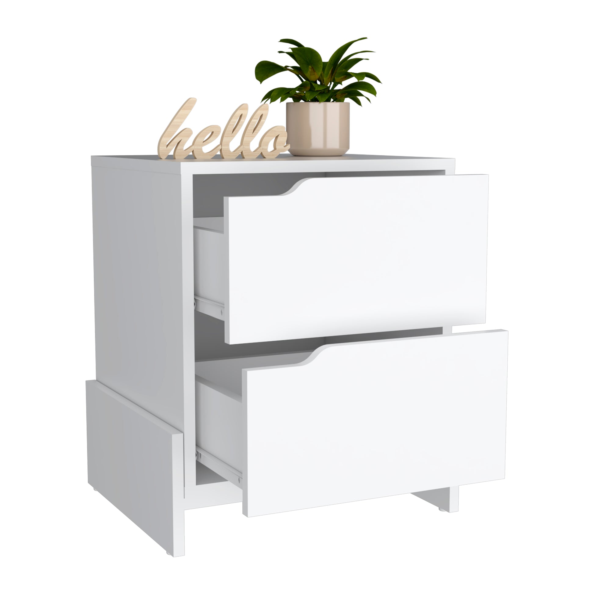 Modern white bedside table with two deep drawers and minimalist design