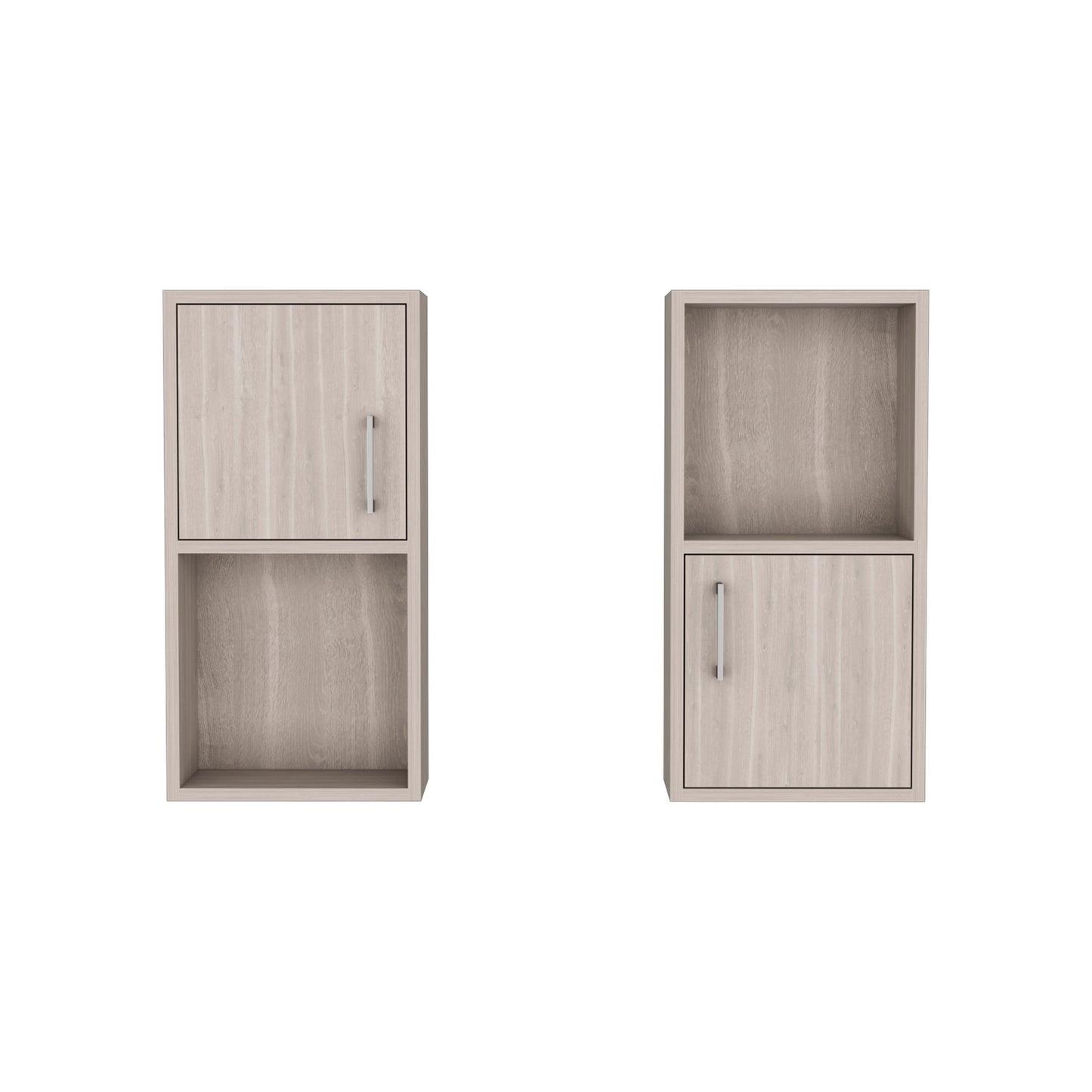Two light wood effect modular storage cubes side by side one with a door and shelf one open shelf and door