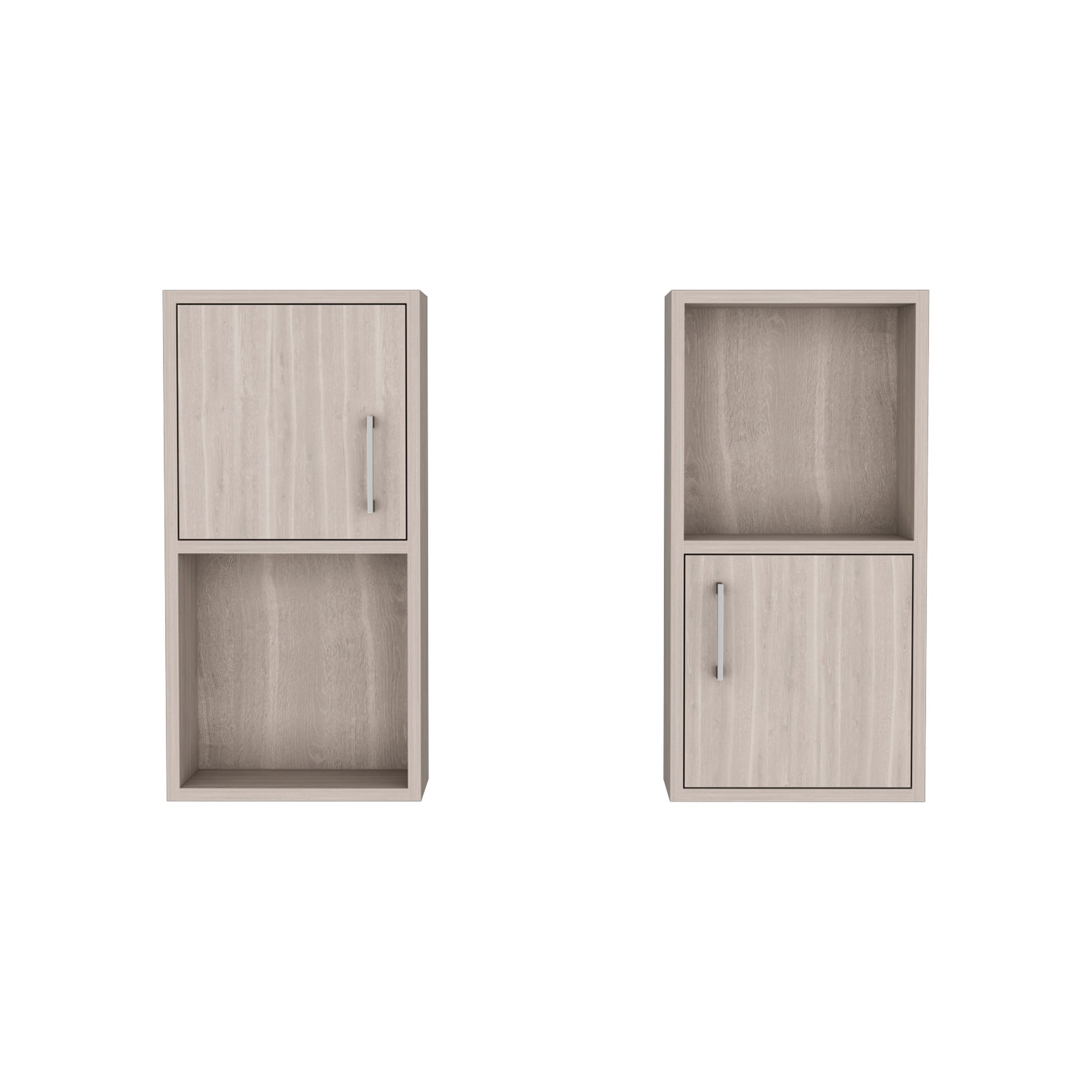 Two light wood effect modular storage cubes side by side one with a door and shelf one open shelf and door