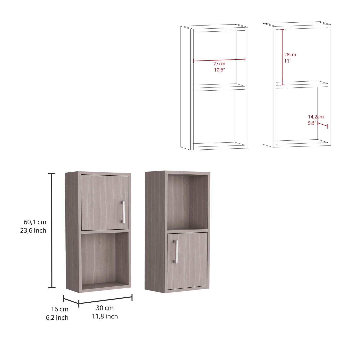 Gray wood effect wall mounted cabinet with one door and open shelf below