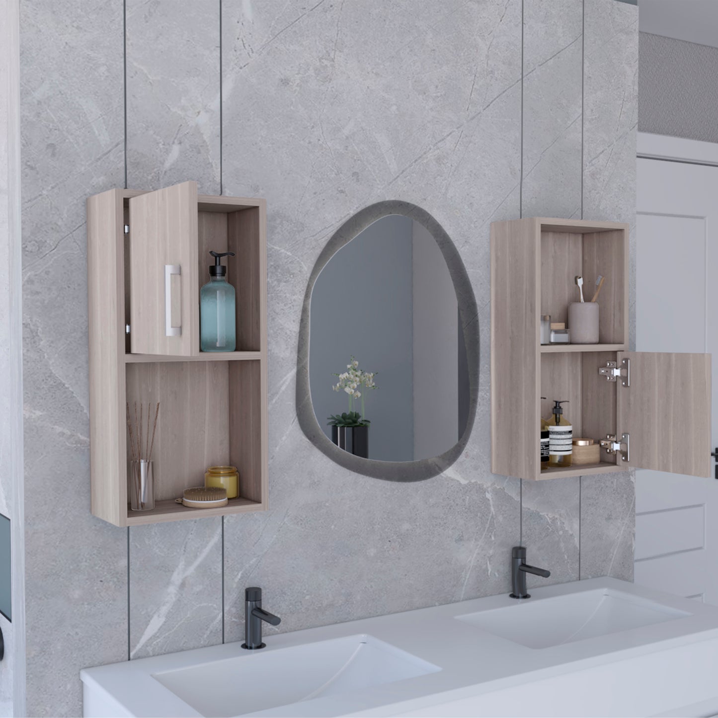 Light wood bathroom cabinet with open door holding blue soap dispenser