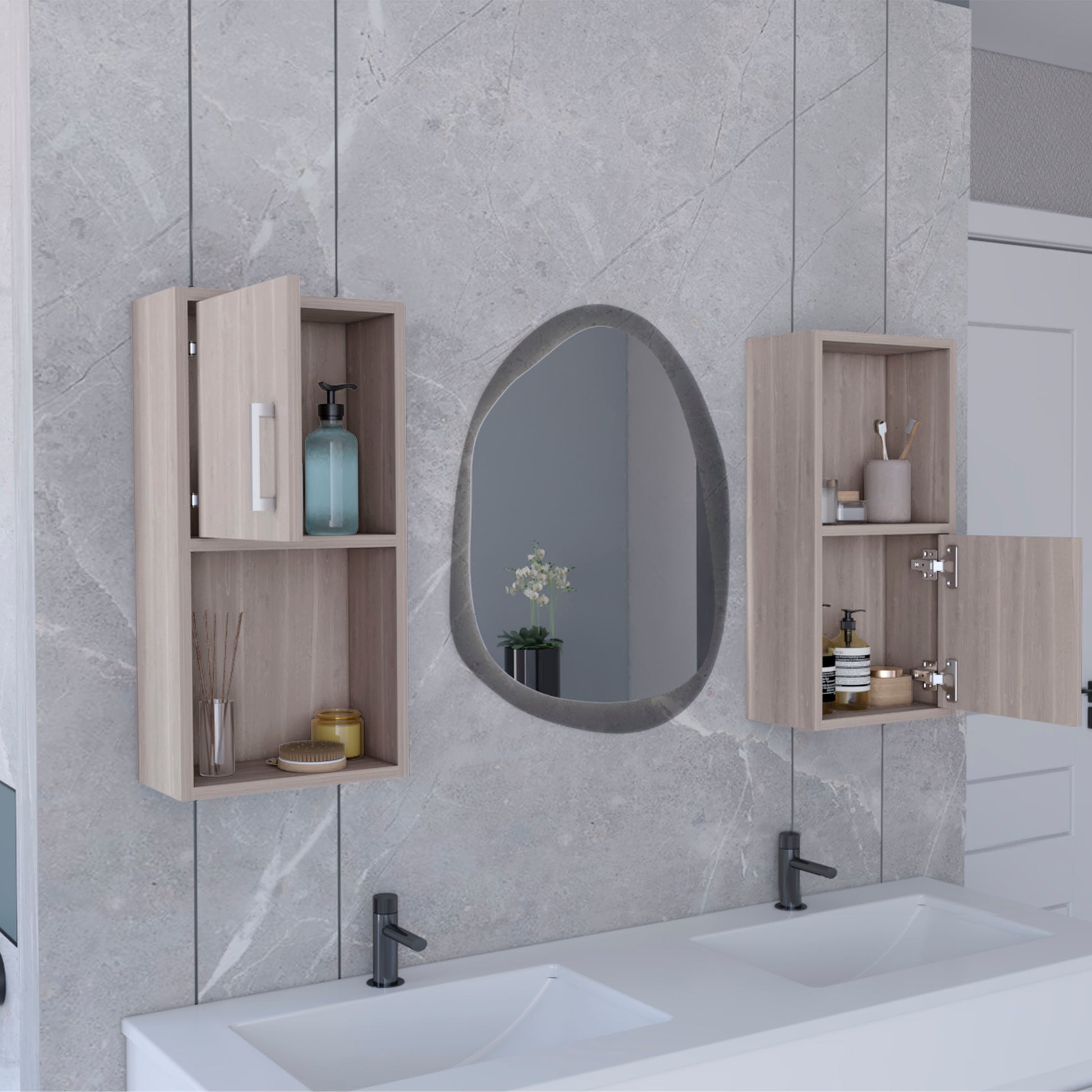 Light wood bathroom cabinet with open door holding blue soap dispenser