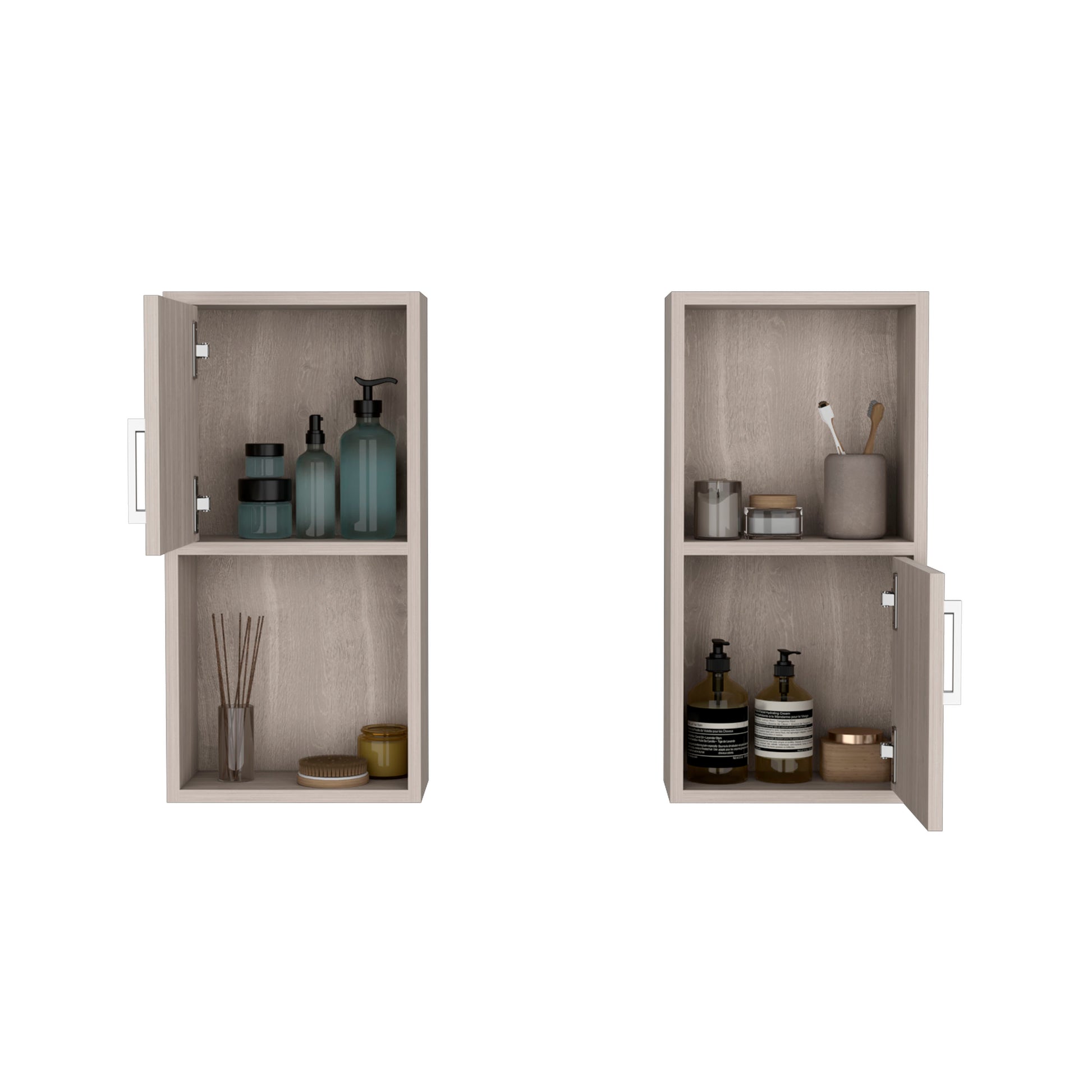 Two light wood medicine cabinets with minimalist design one showing skincare bottles and diffuser reeds