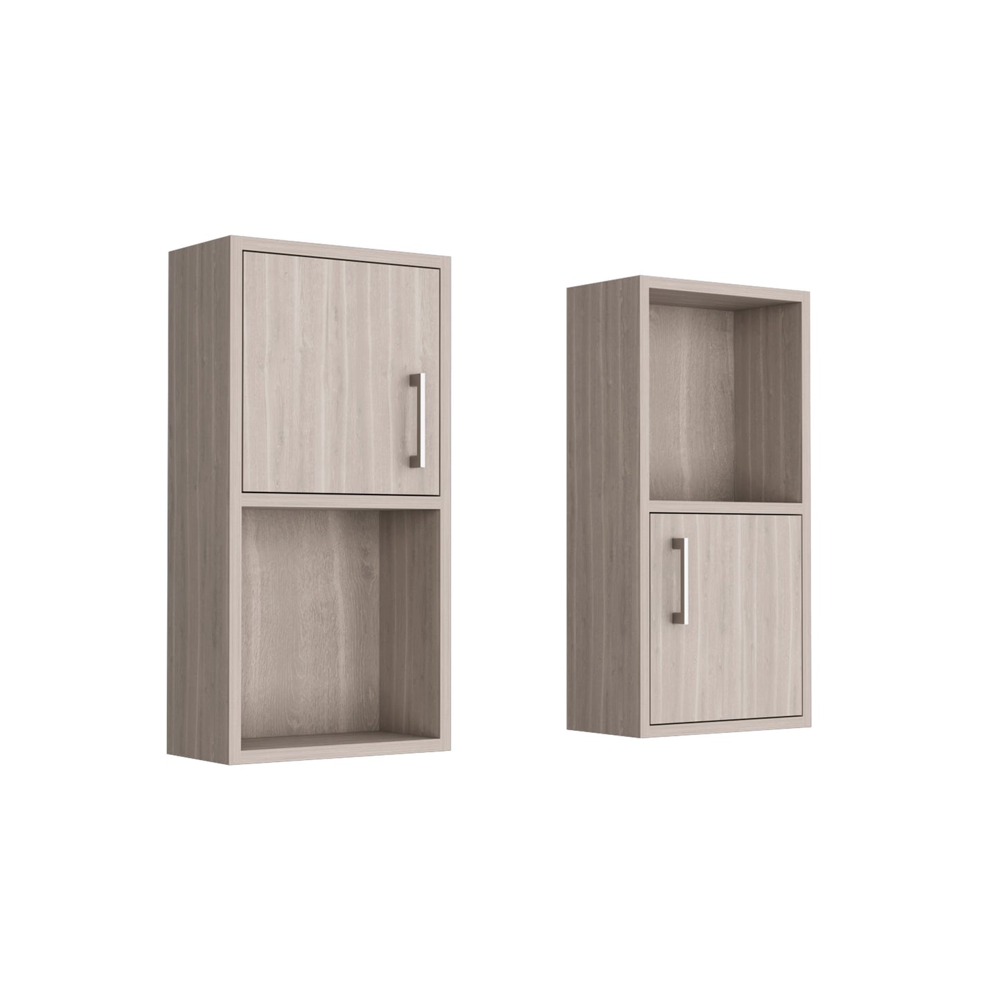 Light oak veneer wall cabinet with brushed nickel handle and open shelf