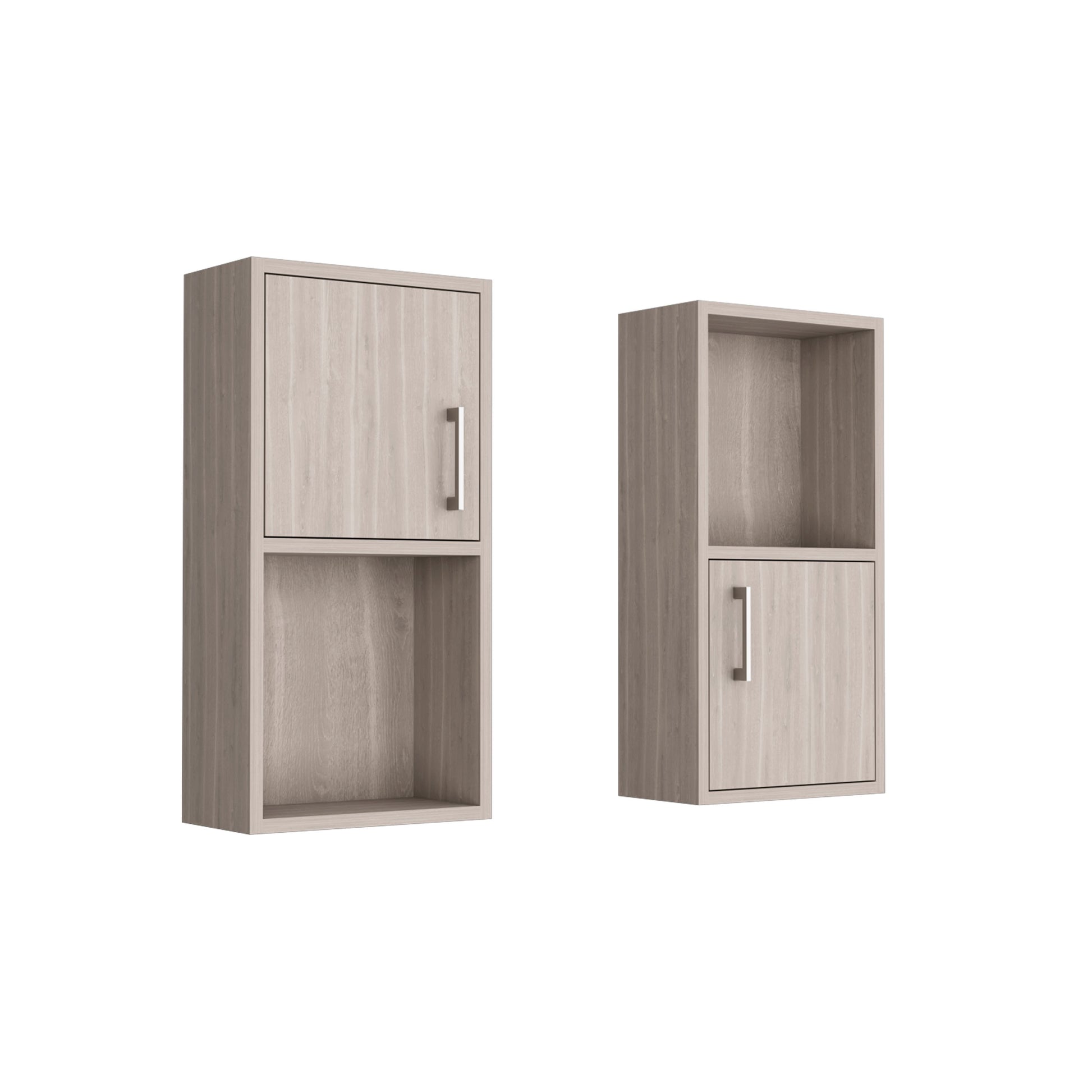Light oak veneer wall cabinet with brushed nickel handle and open shelf
