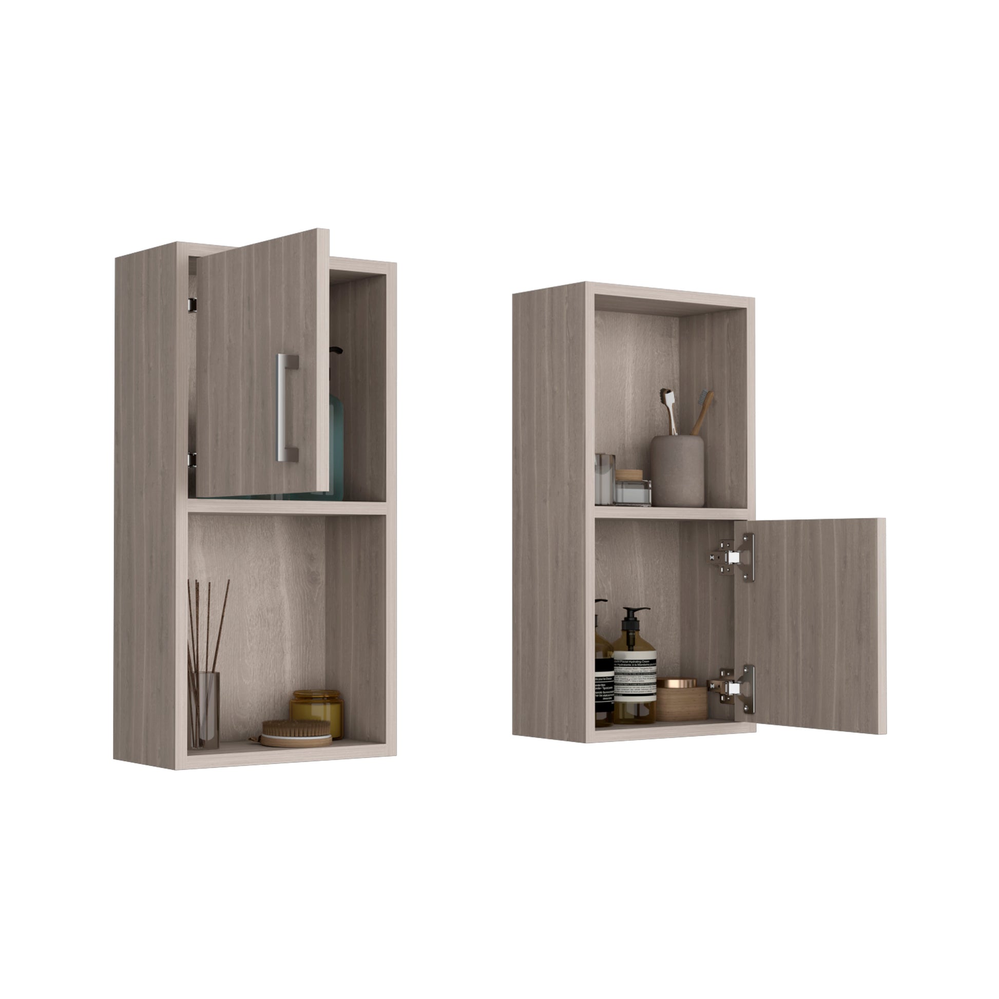 Modern light oak wall cabinet with silver handle and open shelf
