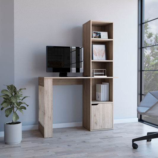 Modern light oak computer desk with integrated bookshelf for home office setup