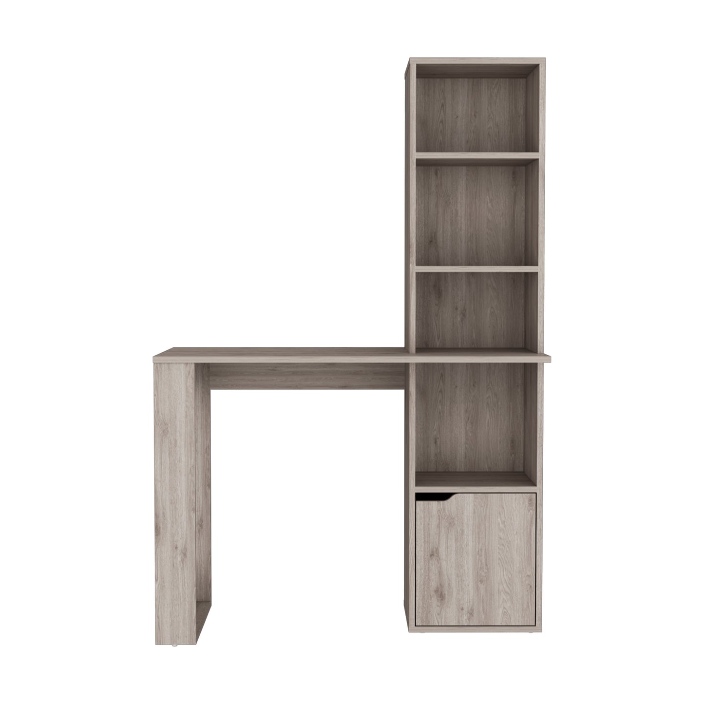 Modern gray wood desk with integrated bookshelf and storage cabinet