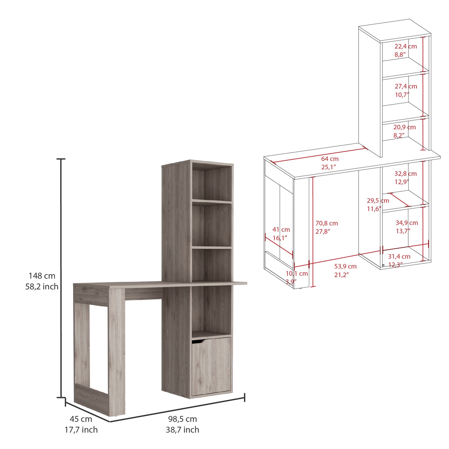 Modern grey wood desk with integrated shelving and cabinet for home office use