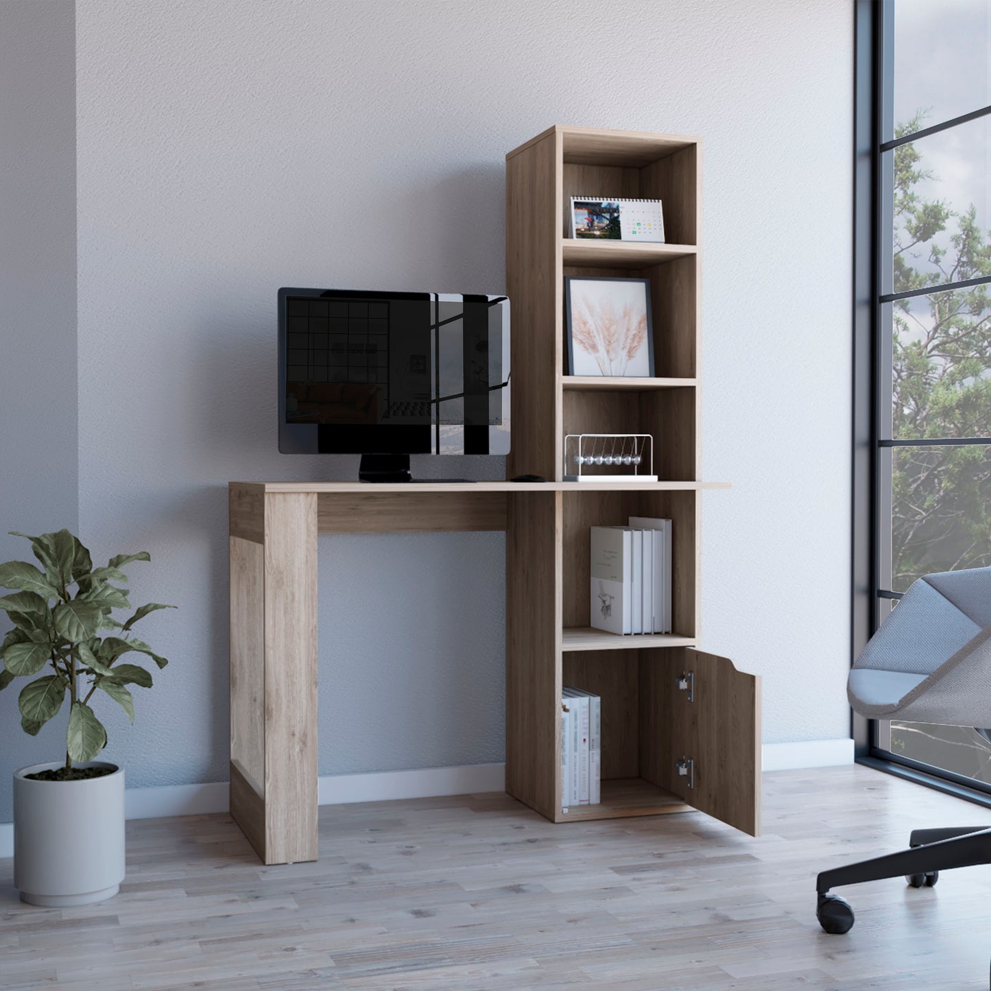 Compact wooden computer desk with attached shelving unit ideal for small spaces