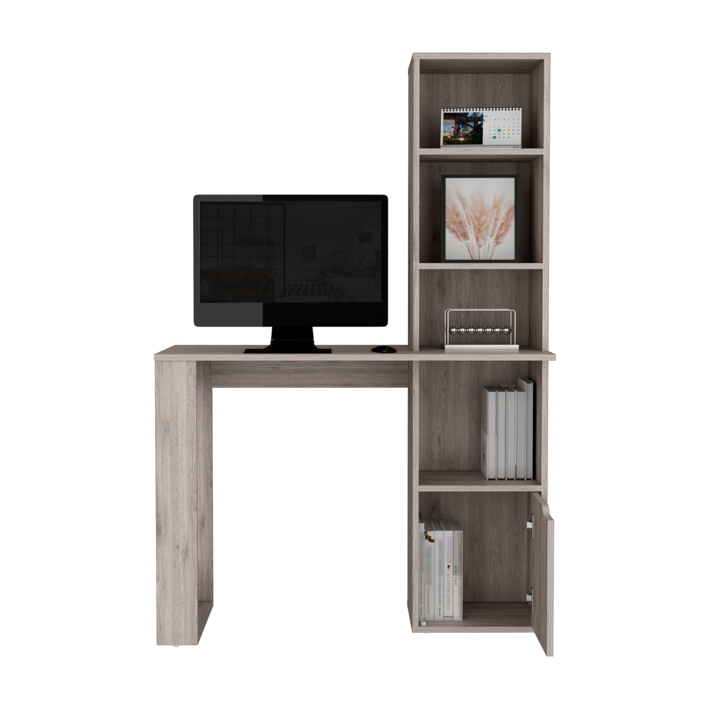 Modern wood computer desk with integrated bookshelf natural oak finish