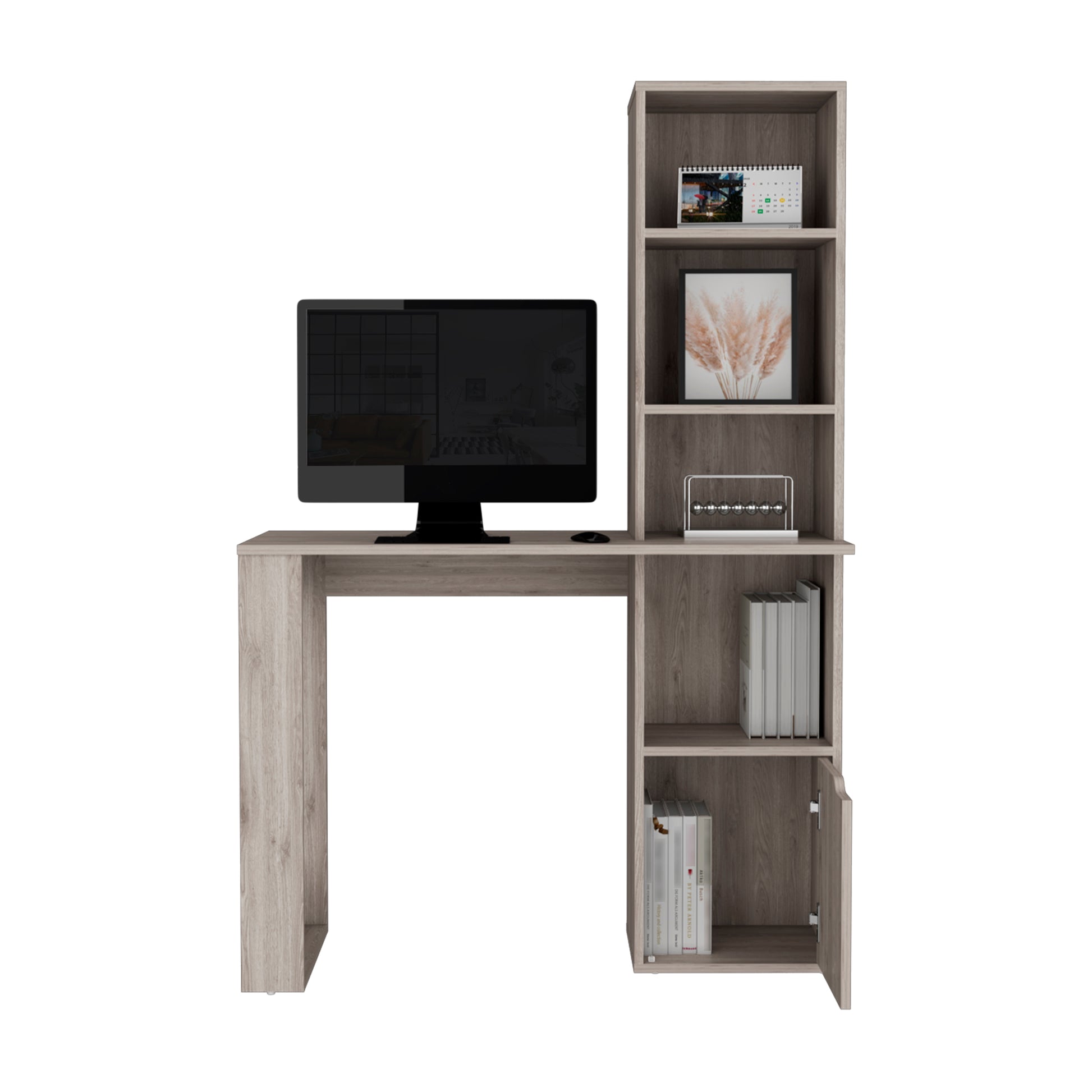 Modern wood computer desk with integrated bookshelf natural oak finish