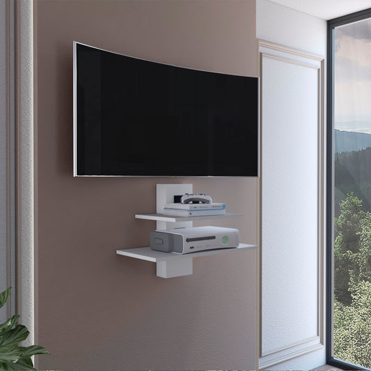 Sleek white floating shelf with a modern design holds gaming console and books