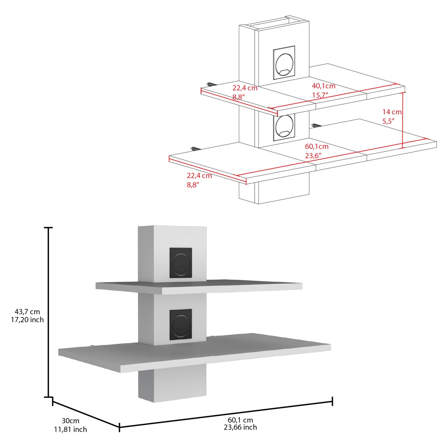 Modern white wallmounted cat shelf with two platforms and integrated scratch pads