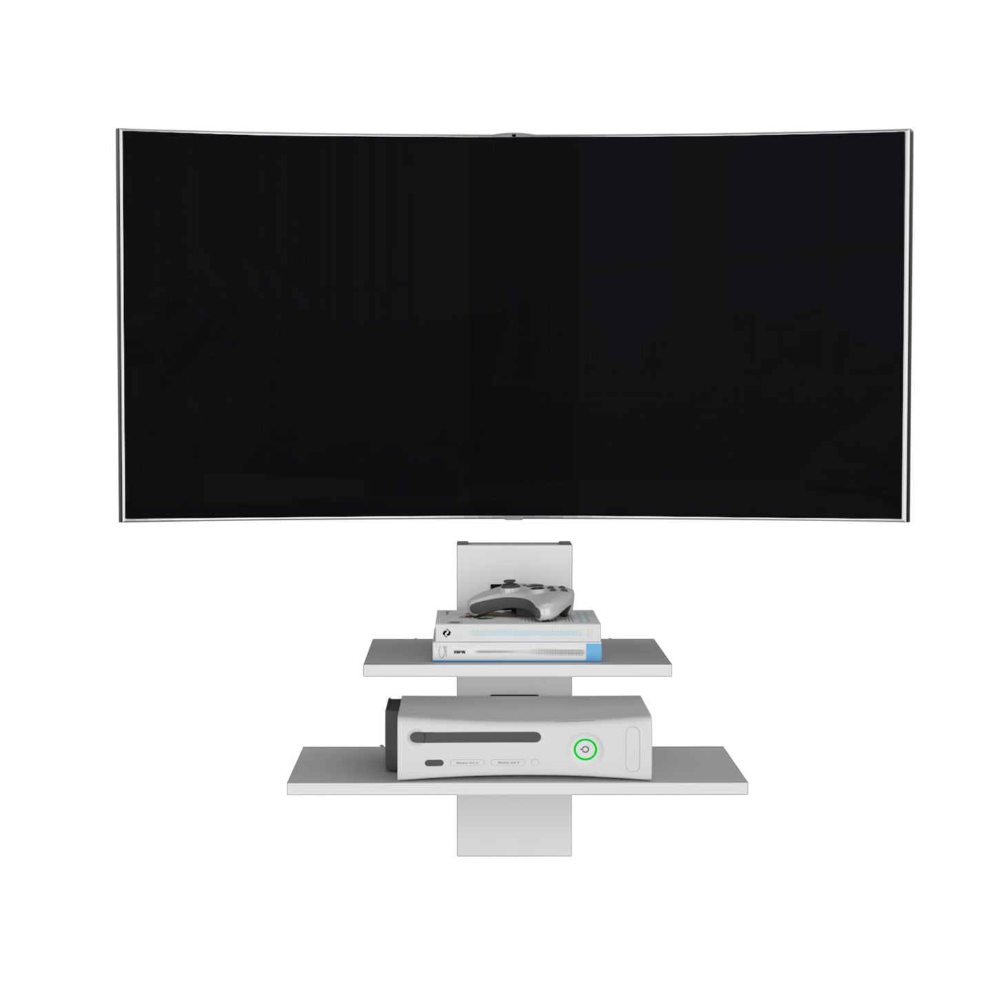 Curved black screen television set with silver bezel resting above a floating shelf holding a video game console and controller
