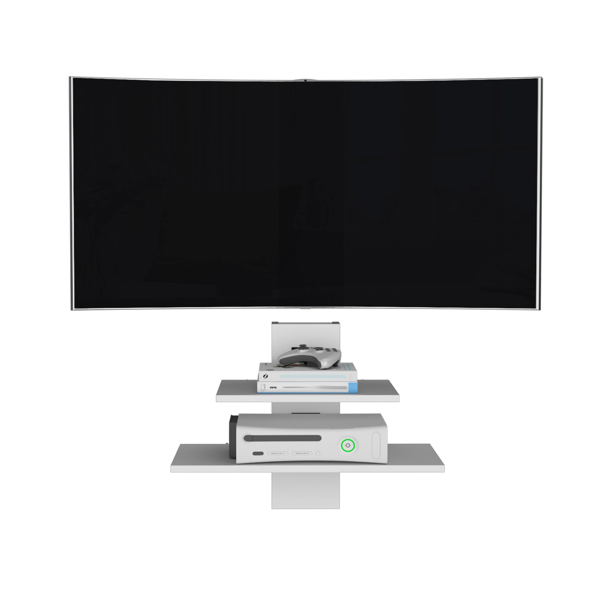 Curved black screen television set with silver bezel resting above a floating shelf holding a video game console and controller