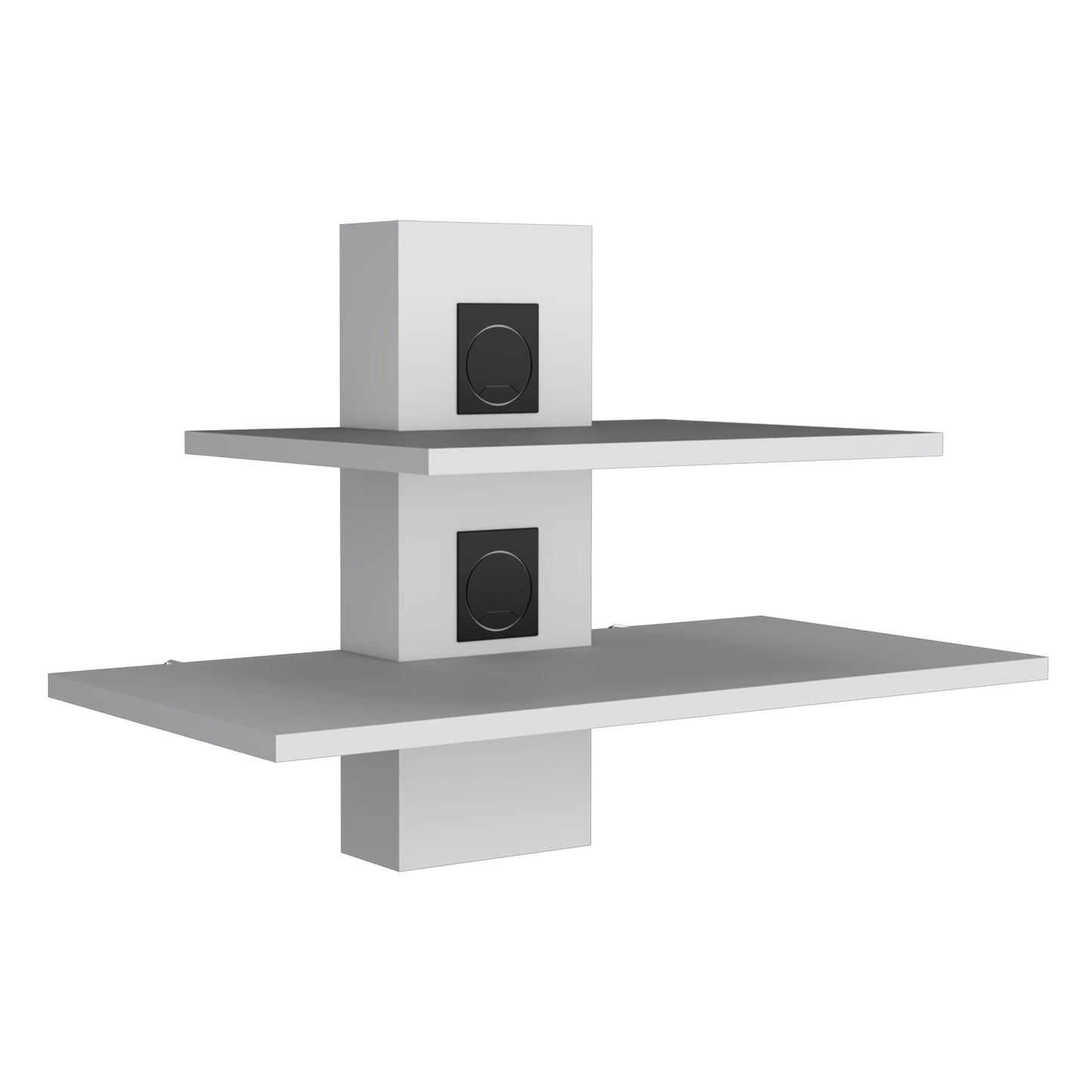 White wallmounted dual shelf with integrated black media grommets for cable management
