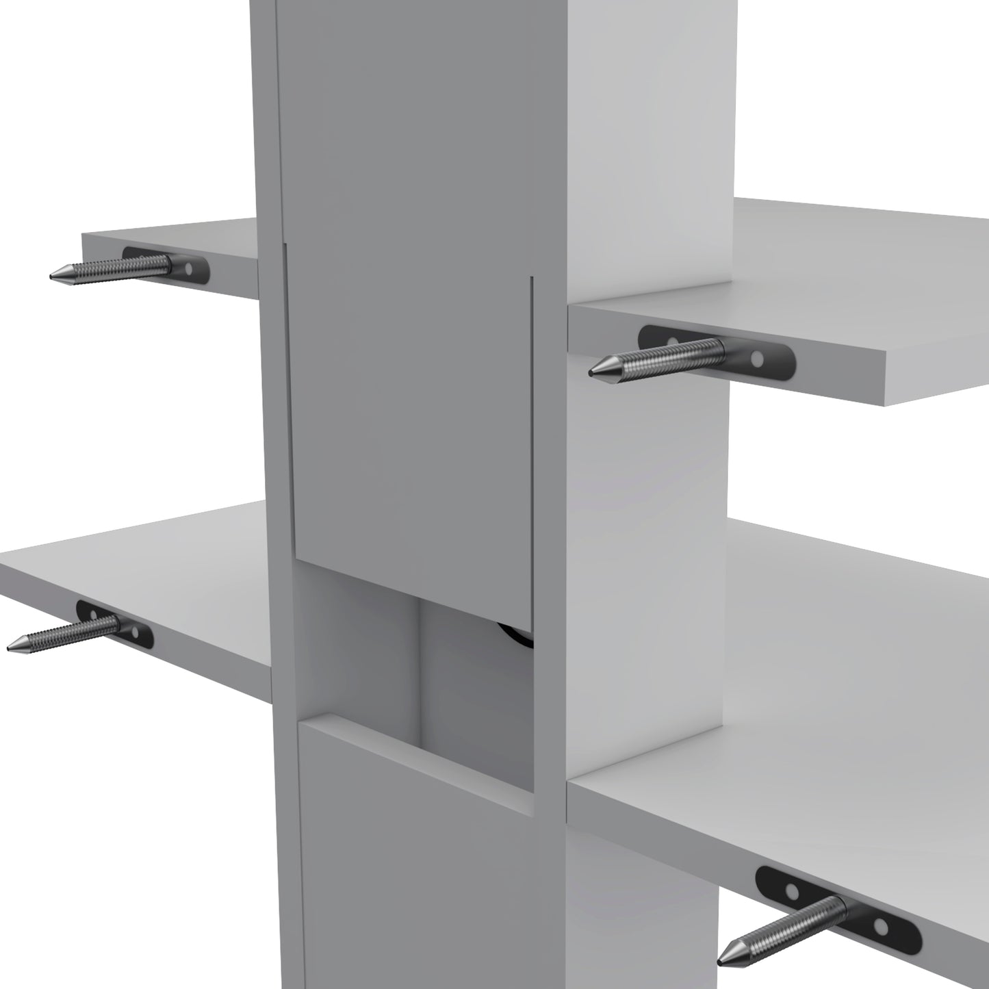 White modular shelving unit with integrated metal shelf pins for support