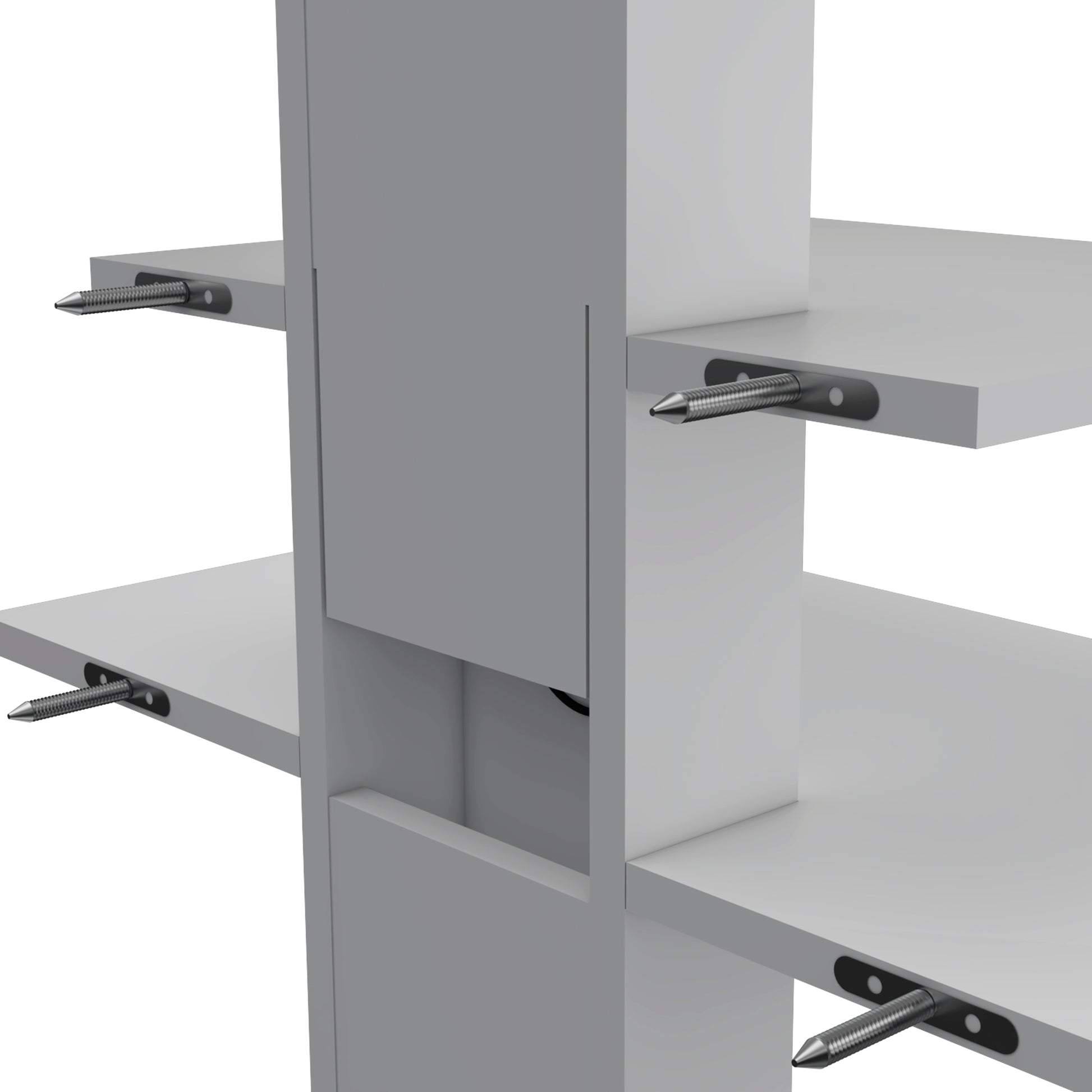 White modular shelving unit with integrated metal shelf pins for support