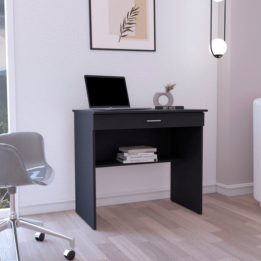 Compact black computer desk with one drawer and open shelf ideal for small spaces