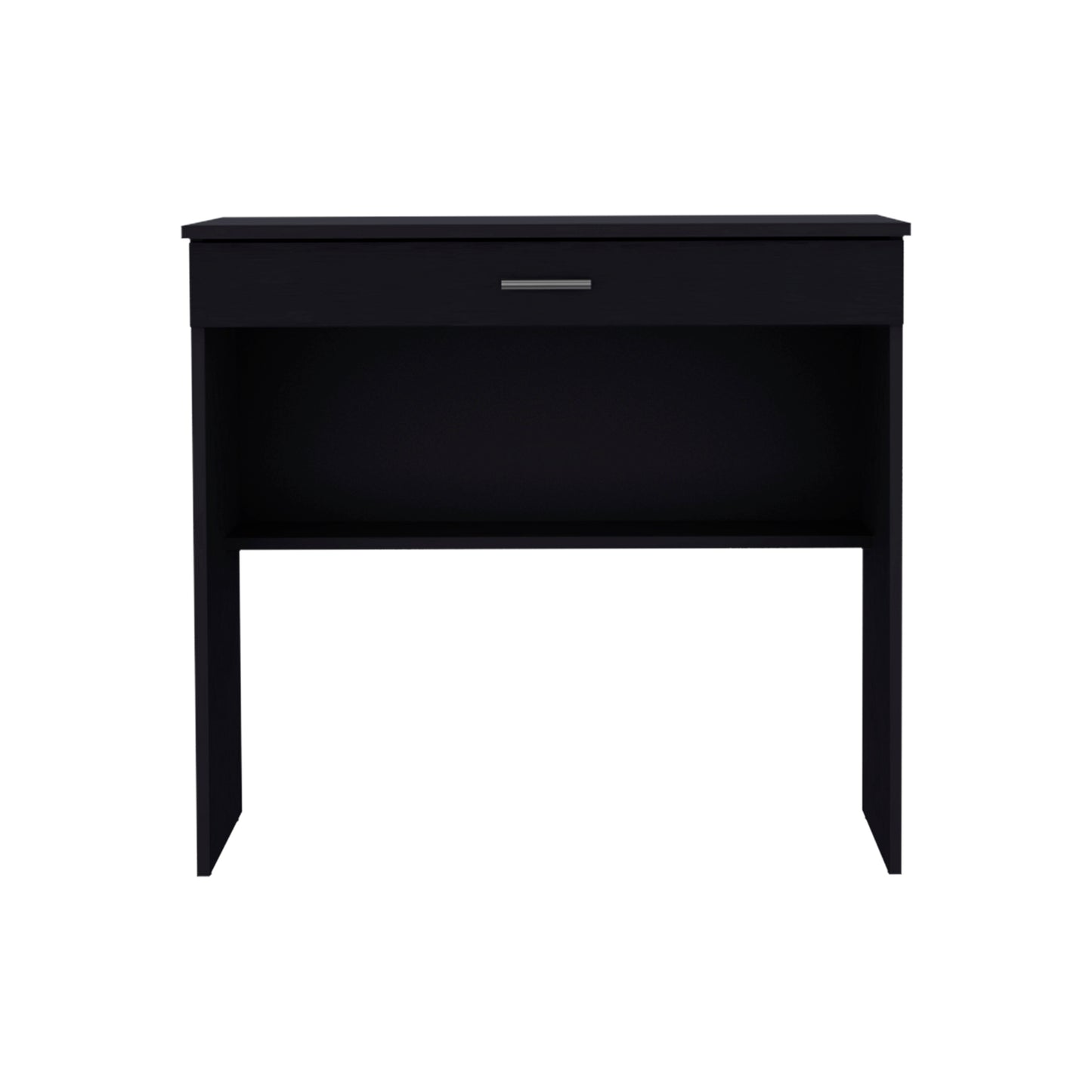 Modern black console table with single drawer and open shelf