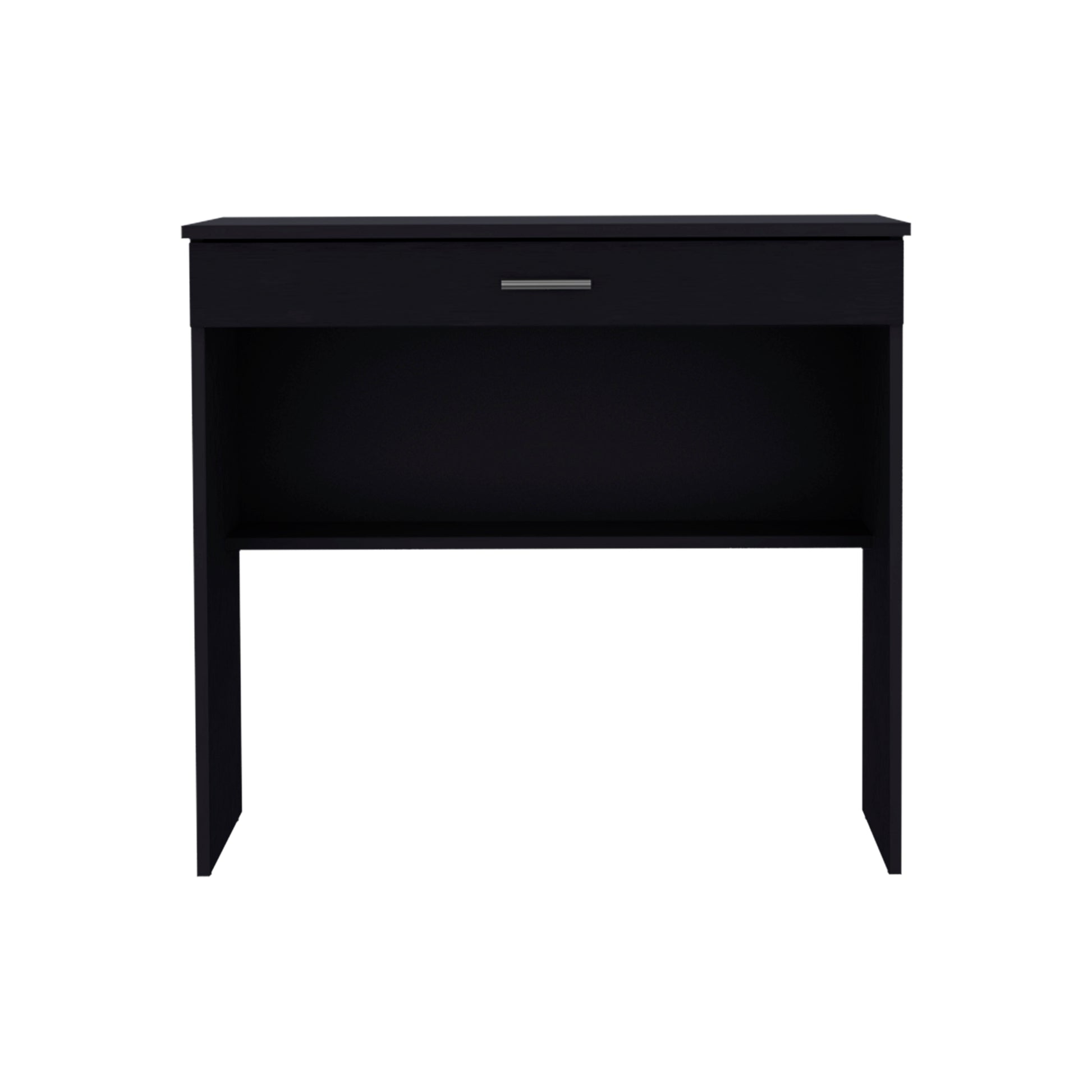 Modern black console table with single drawer and open shelf