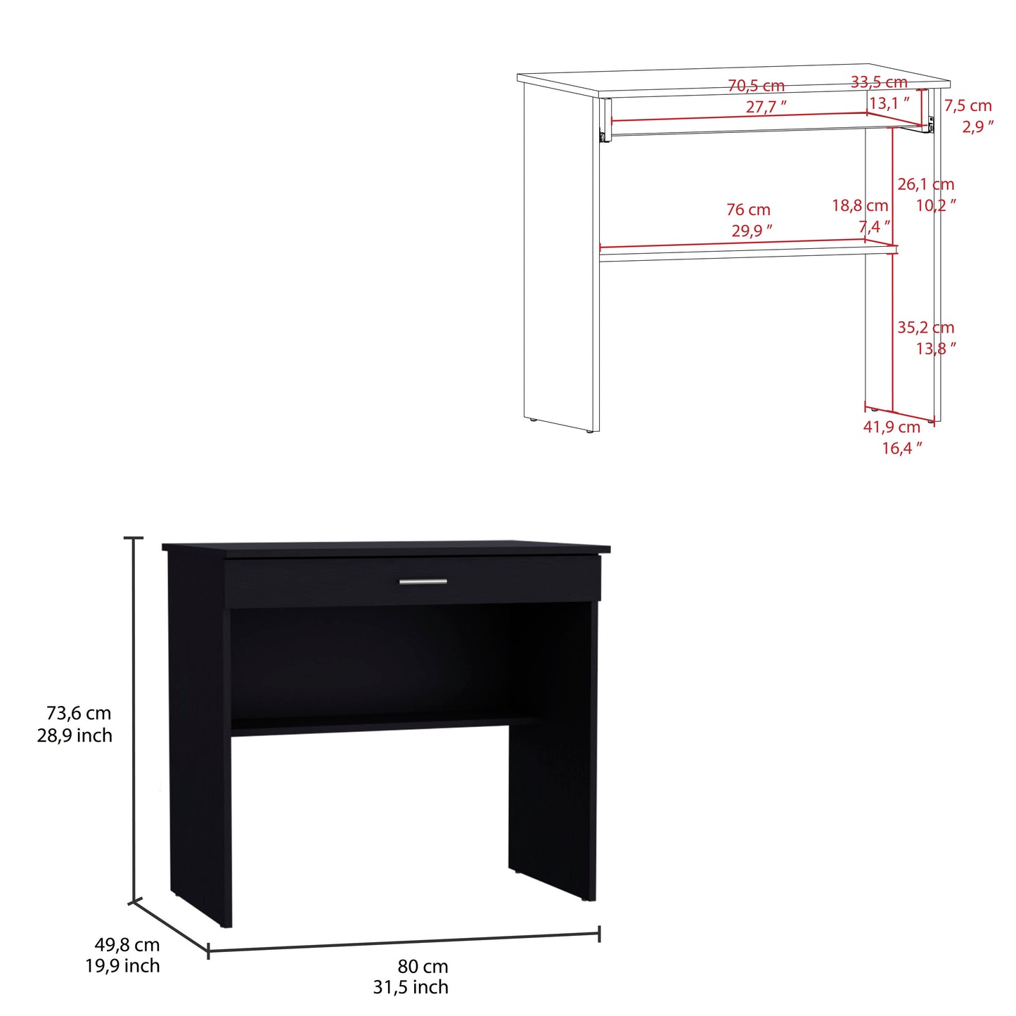 Black contemporary desk with one drawer and open shelving