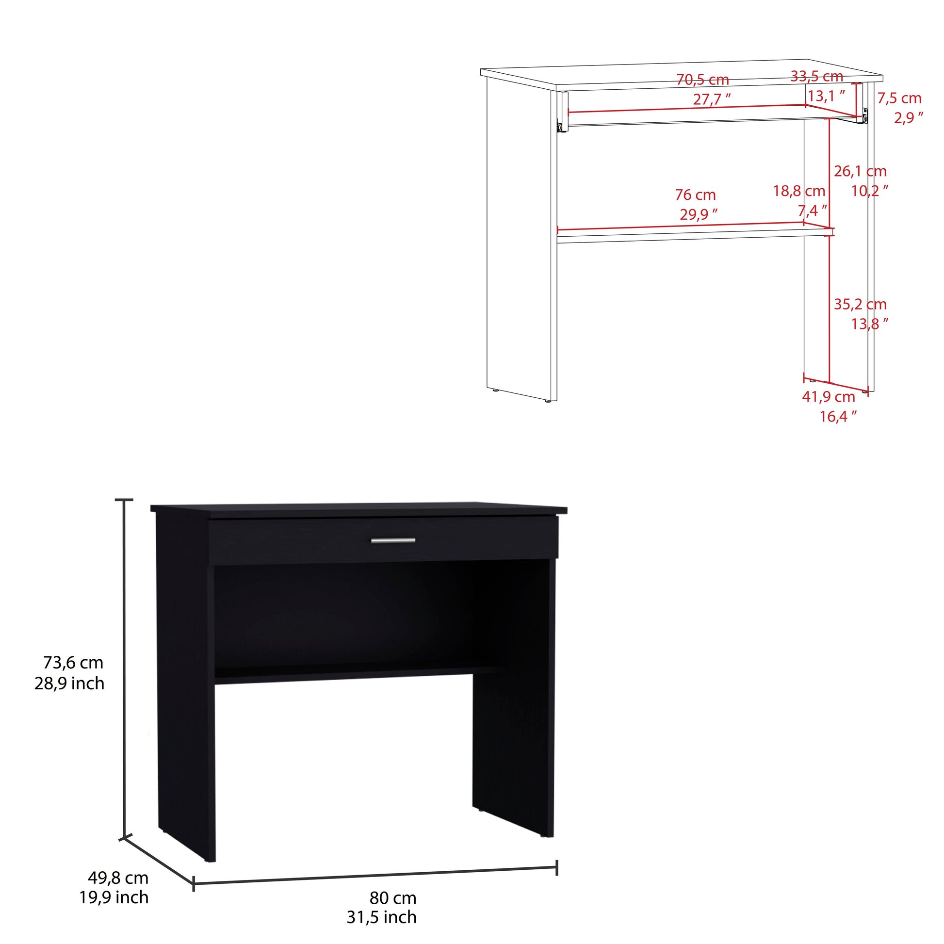 Black contemporary desk with one drawer and open shelving