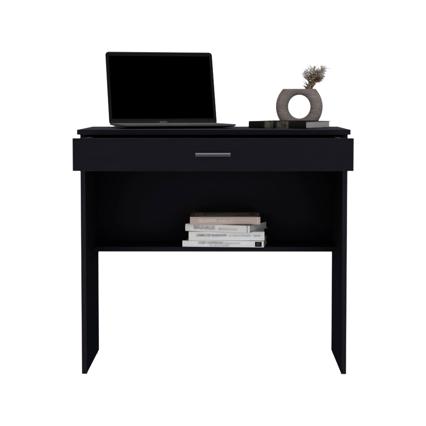Black modern desk with open shelf and drawer featuring a laptop and decor