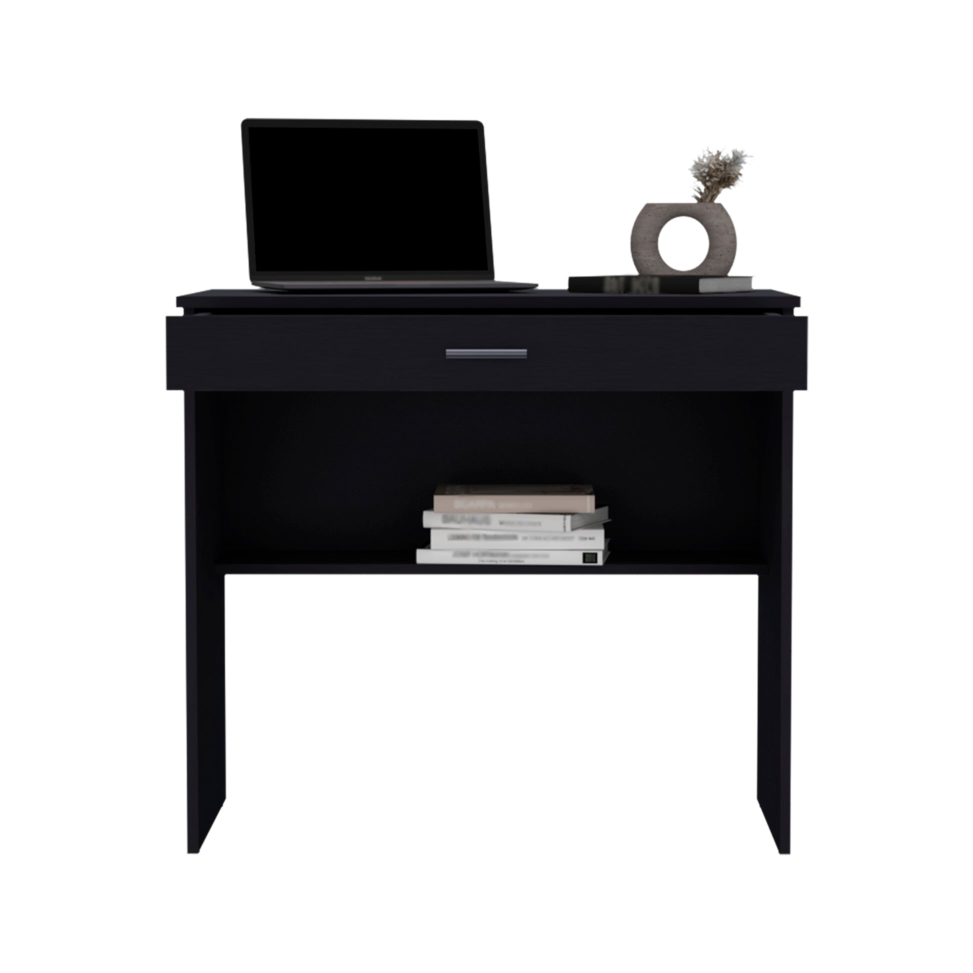 Black modern desk with open shelf and drawer featuring a laptop and decor