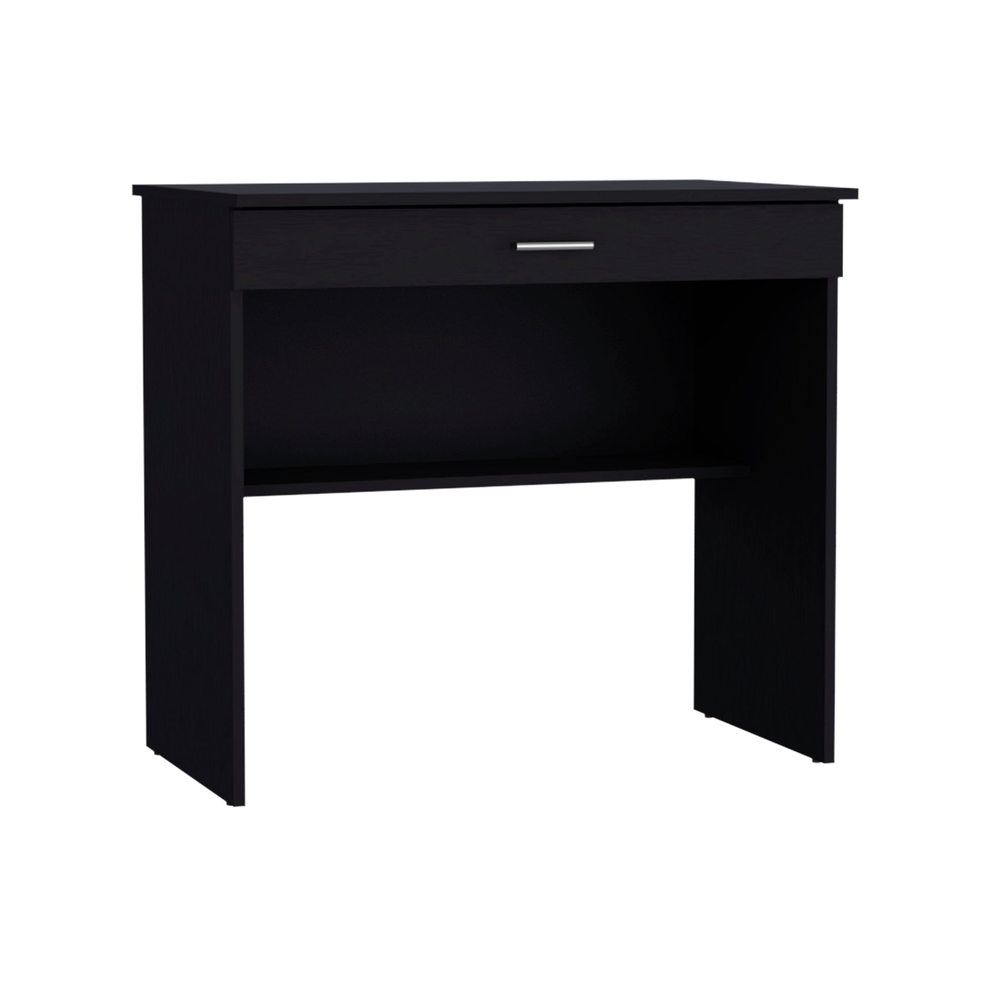Black minimalist desk with one drawer and open shelf