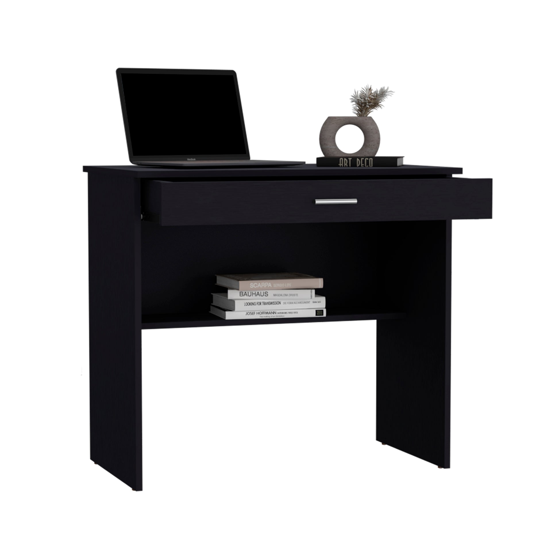 Modern black desk with open drawer laptop books and decorative vase