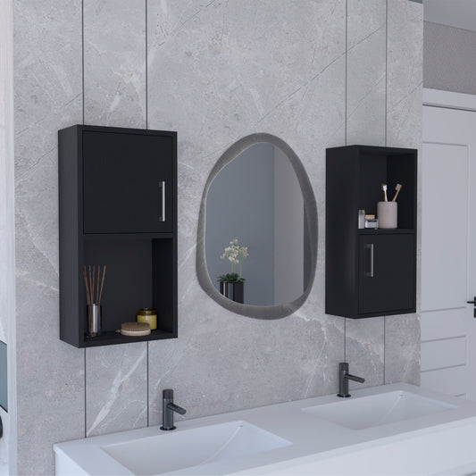 Black modern wall cabinet with handle and open shelf for bathroom storage