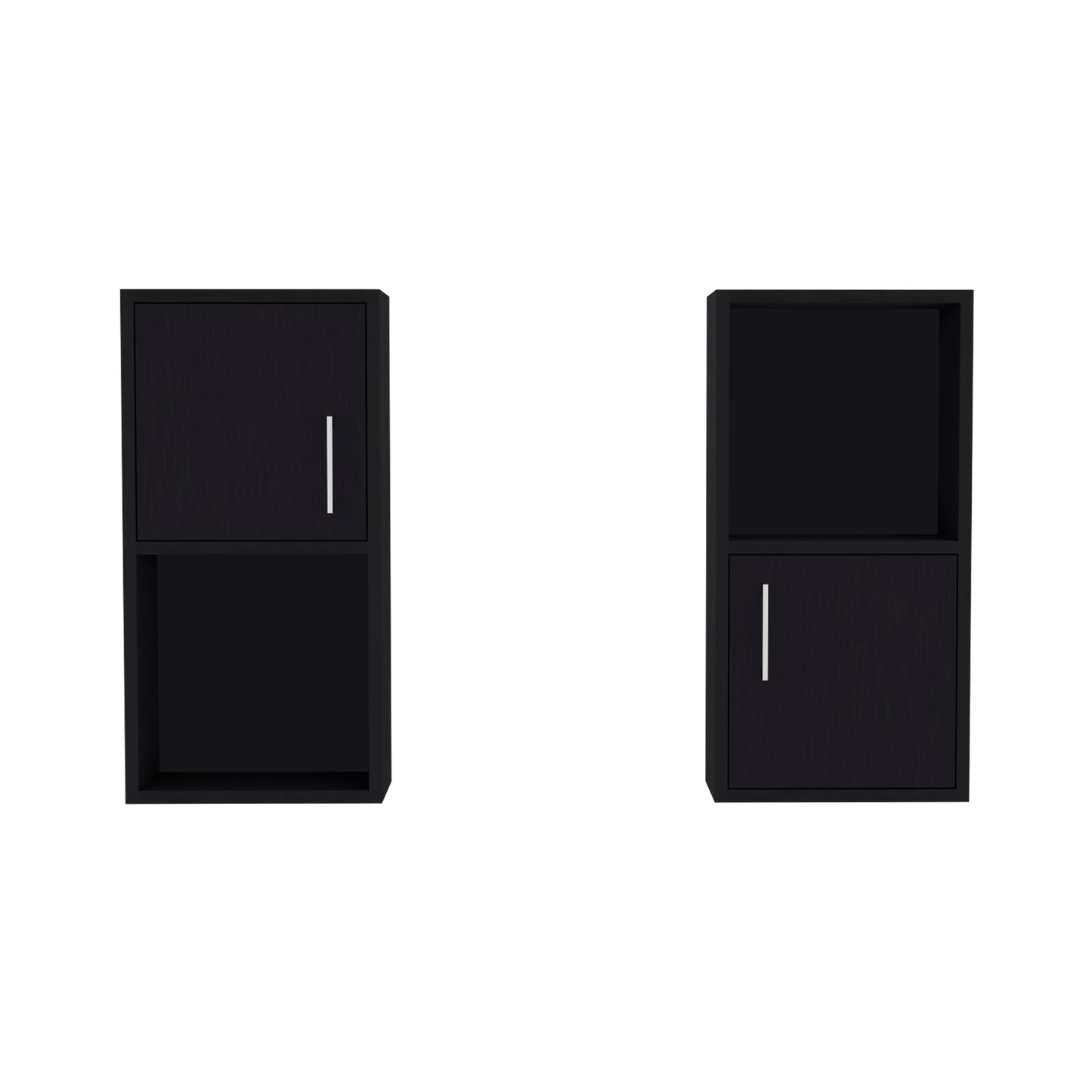 Black modular shelving unit with a closed cabinet door on top and open shelf below