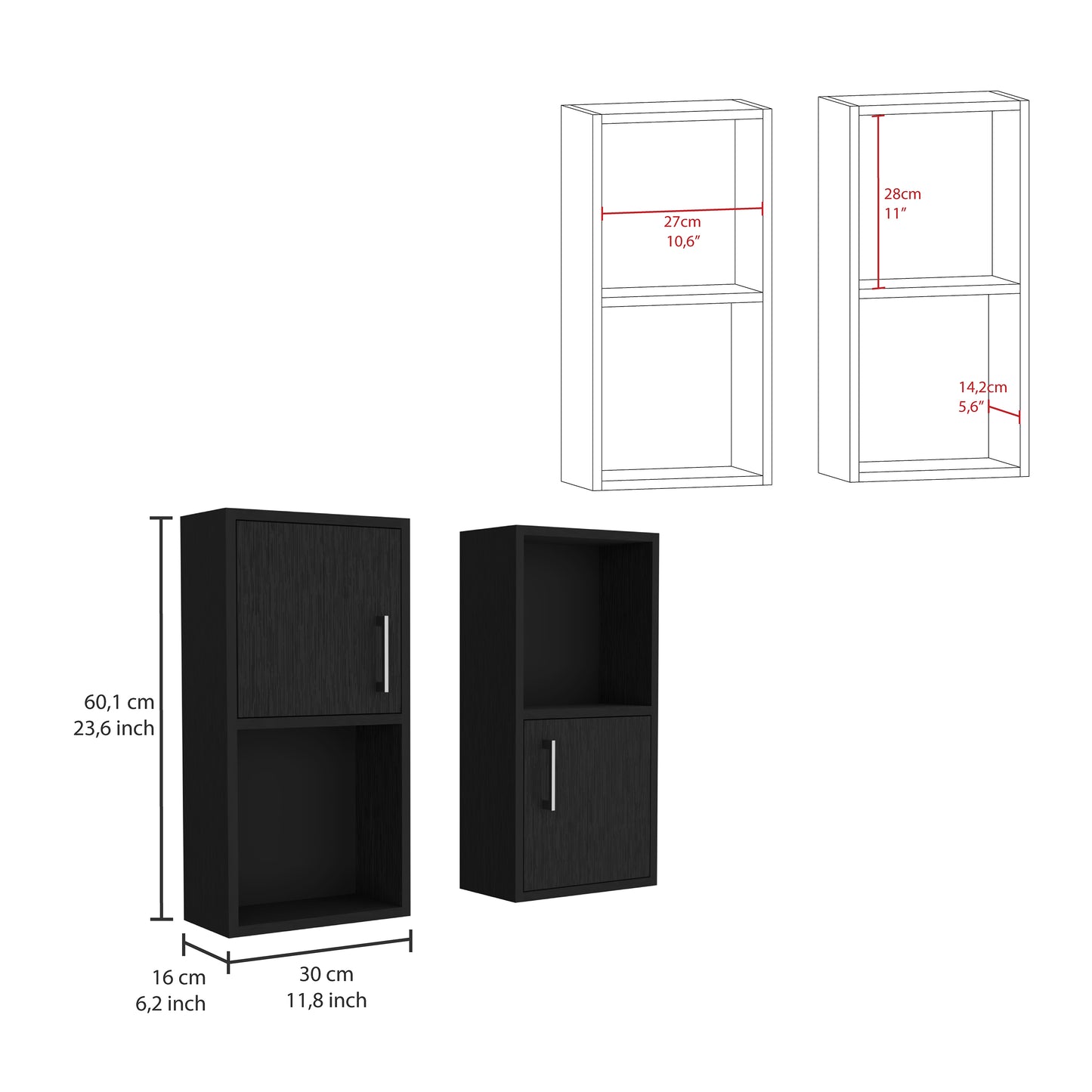 Black narrow storage cabinet with one door and open shelf section