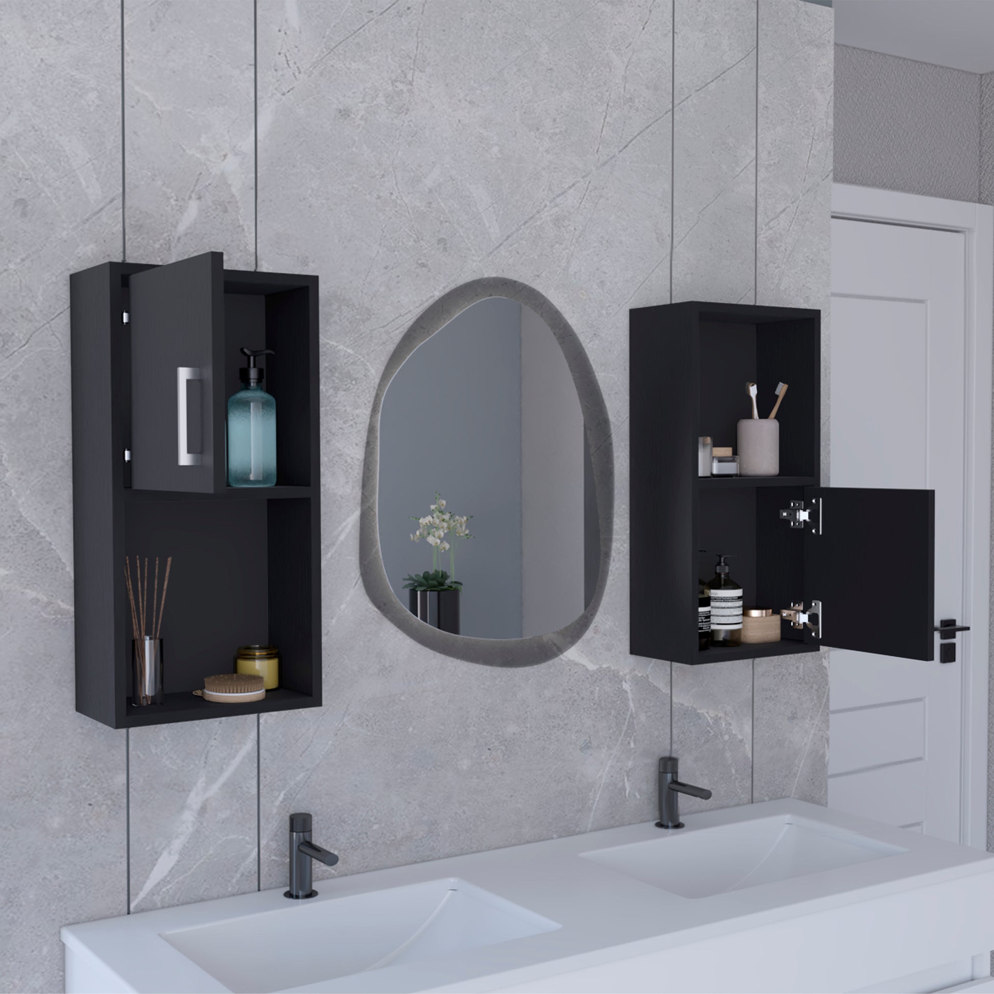 Modern black bathroom wall cabinet with glass dispenser and diffuser sticks