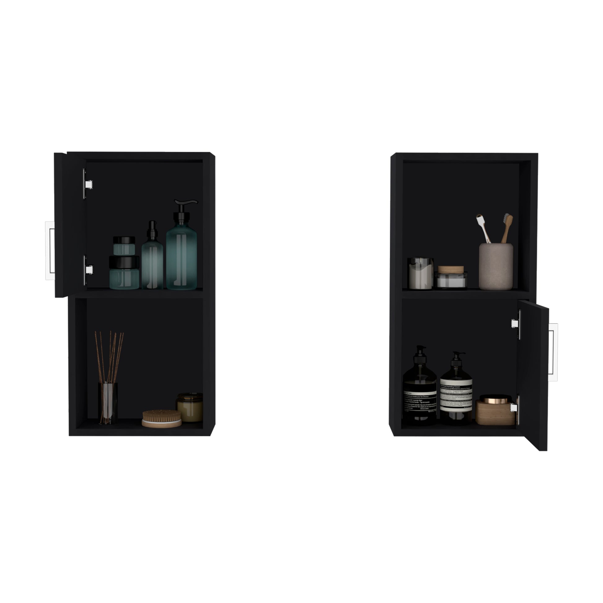 Black minimalist wall cabinet with teal glass bottles and bamboo toothbrush holder