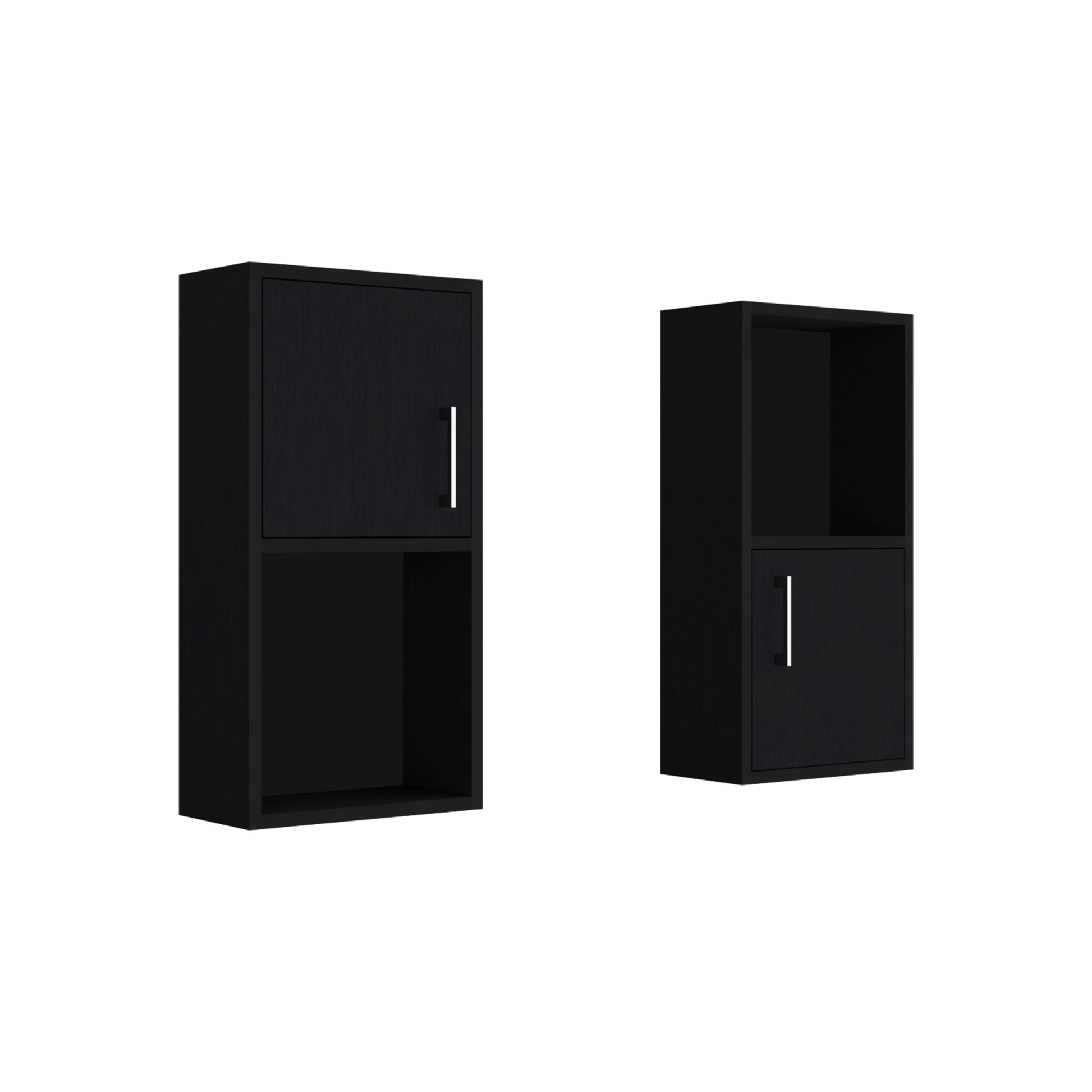 Black twotier modular shelving unit with a cabinet and open shelf