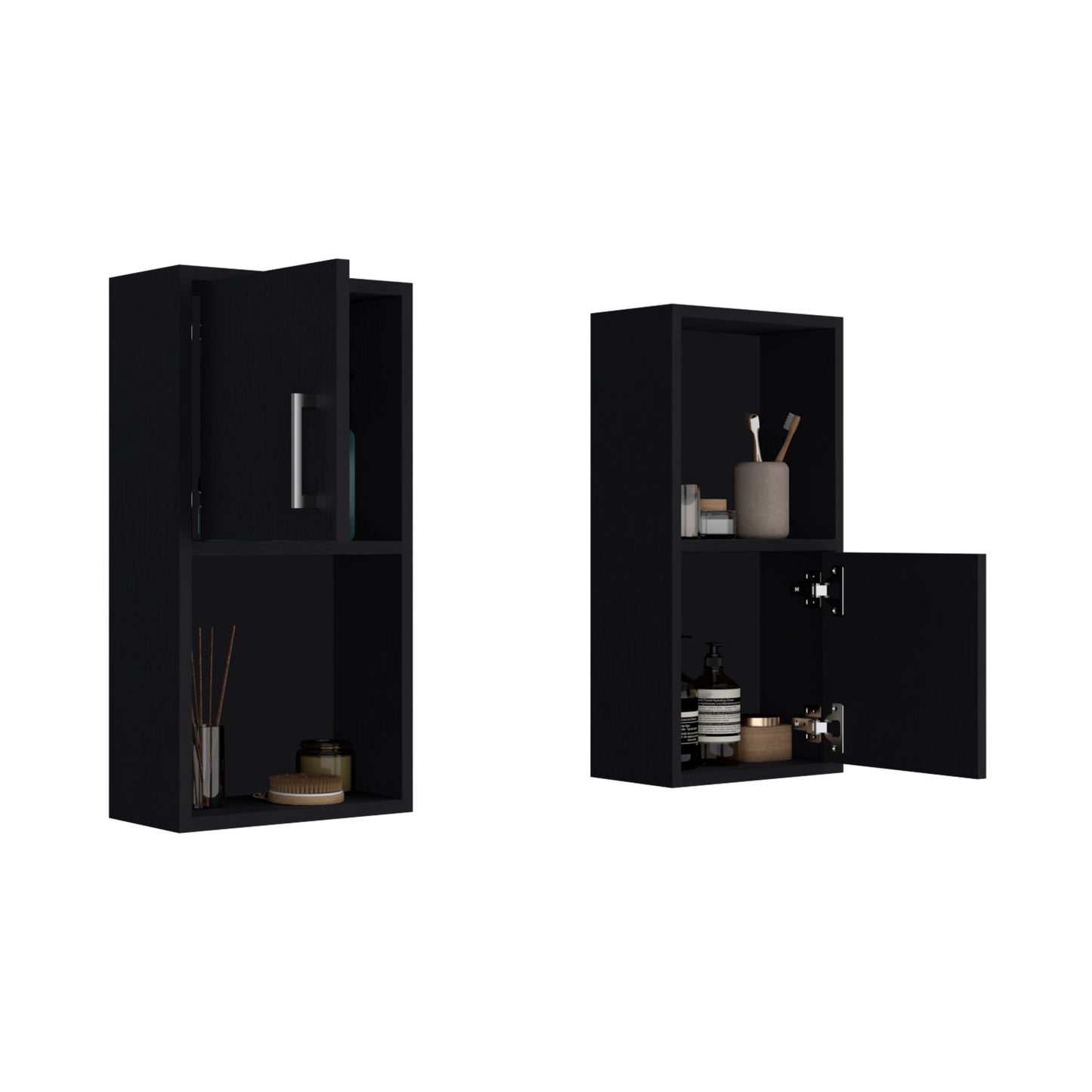 Black wall cabinet with silver handle showcasing toiletries and reed diffuser