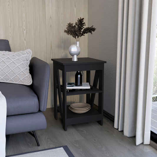 Black twotier side table with modern design featuring a decorative vase and books