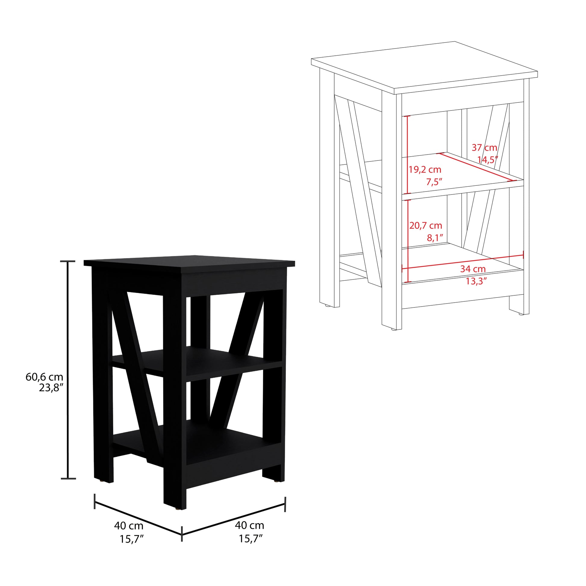 Black modern accent table with two shelves and a rustic barn doorstyle side panel