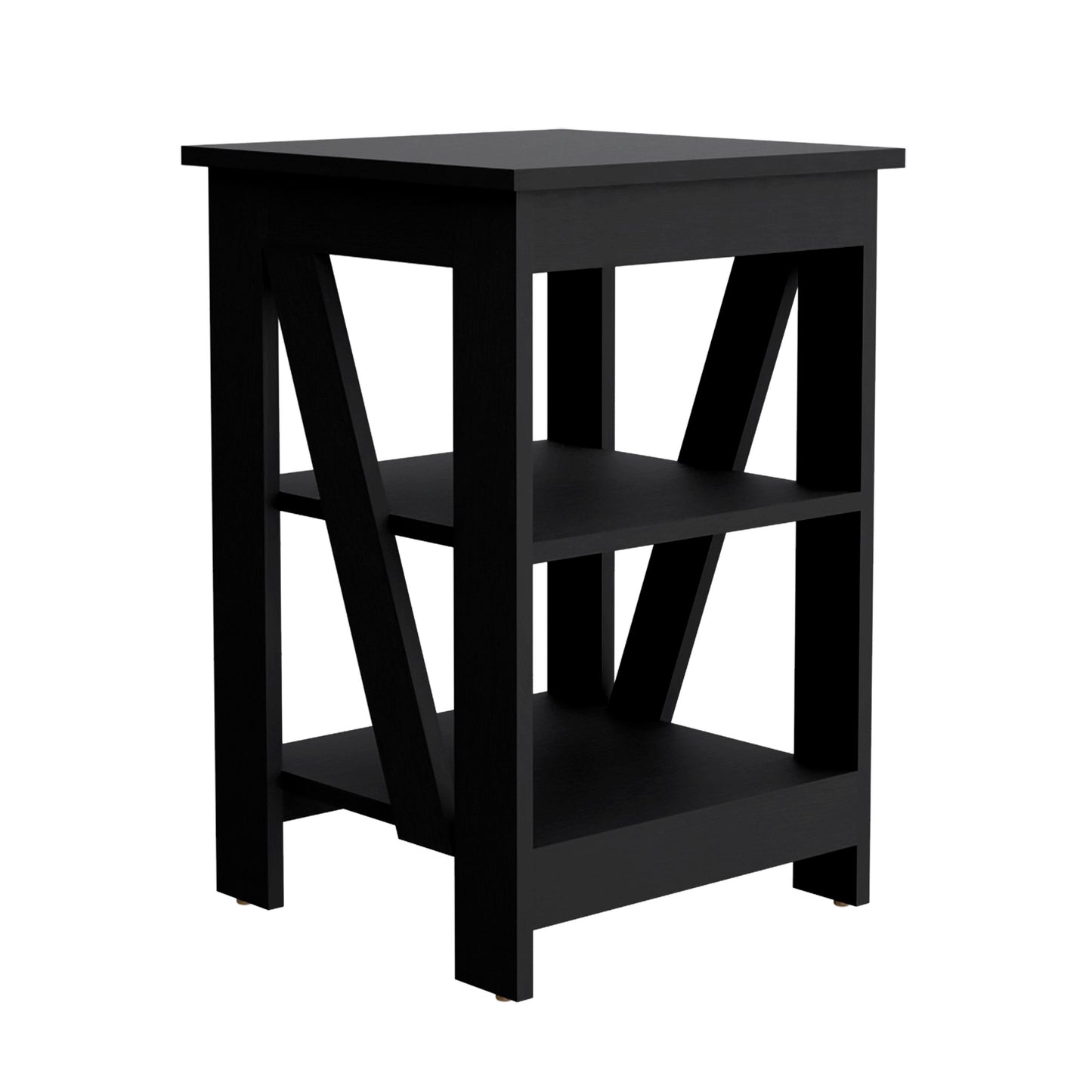 Black modern twoshelf side table with angled supports for bedroom storage