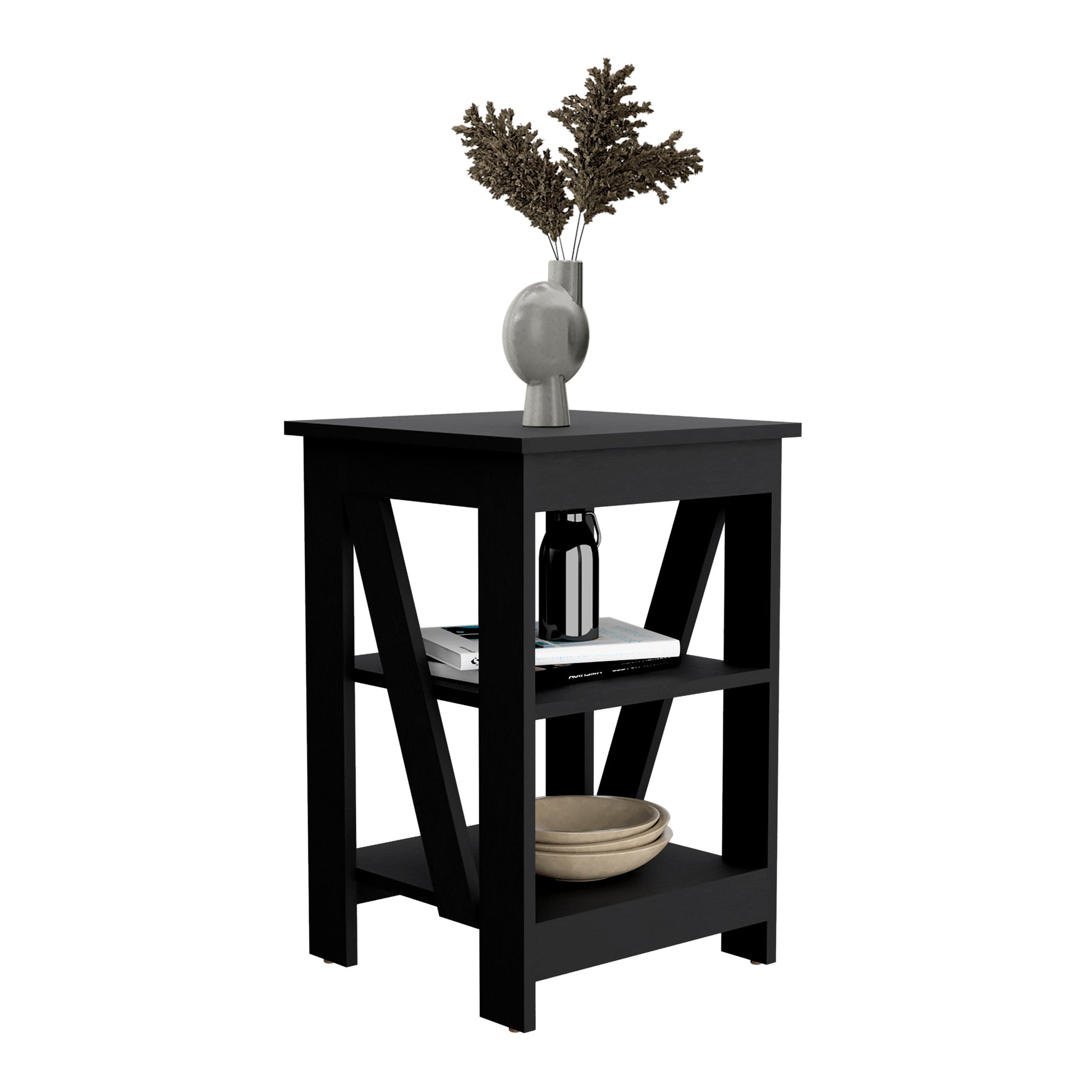 Black modern side table with two shelves and decorative items