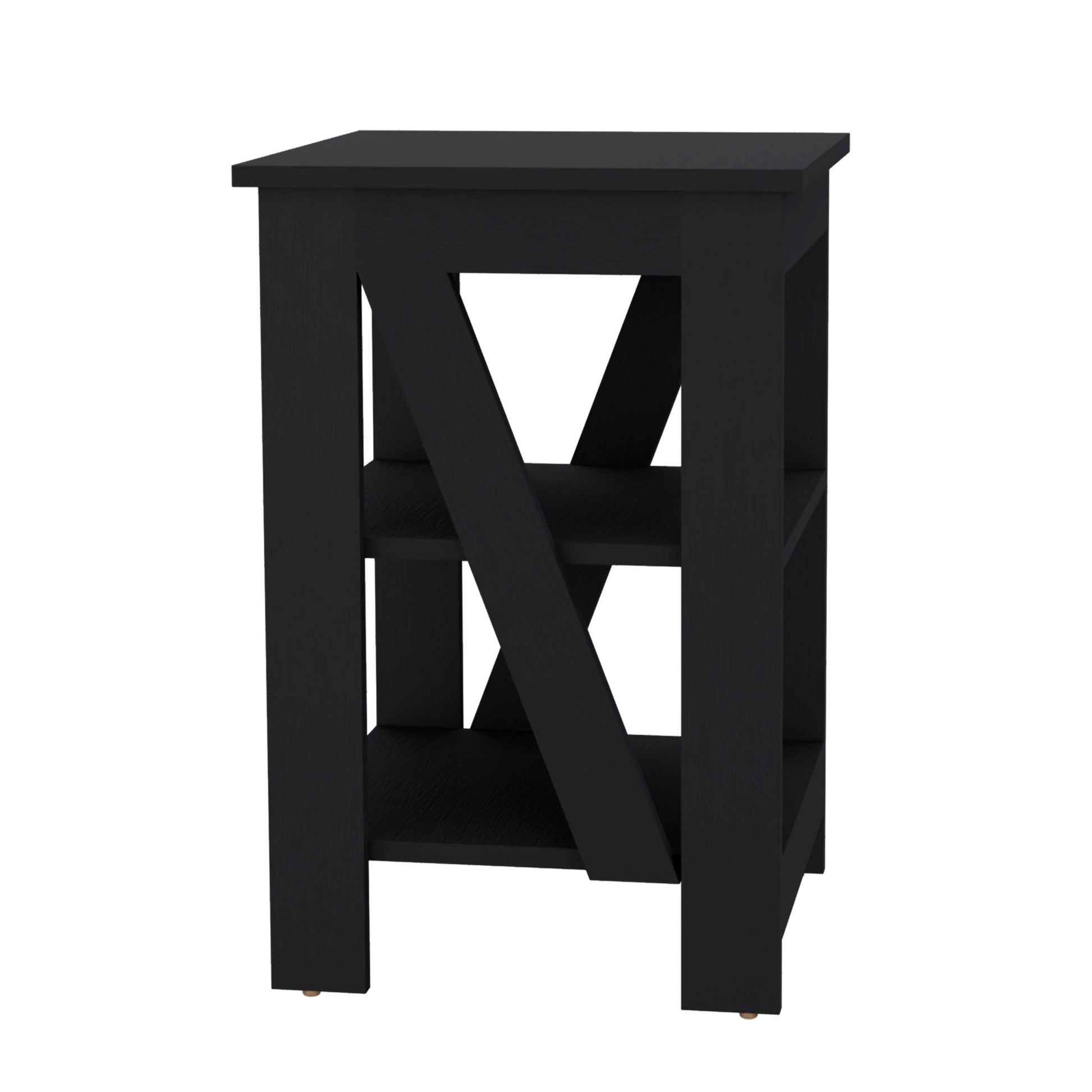 Black modern ladder bookshelf with two open shelves and Xshaped side supports