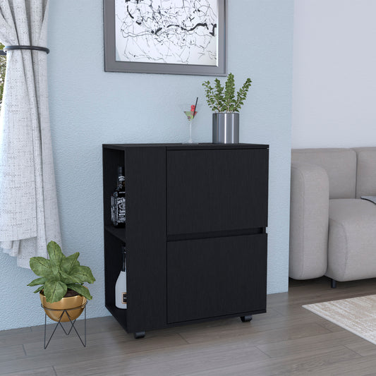 Black modern twodrawer cabinet with open shelving ideal for home bar storage