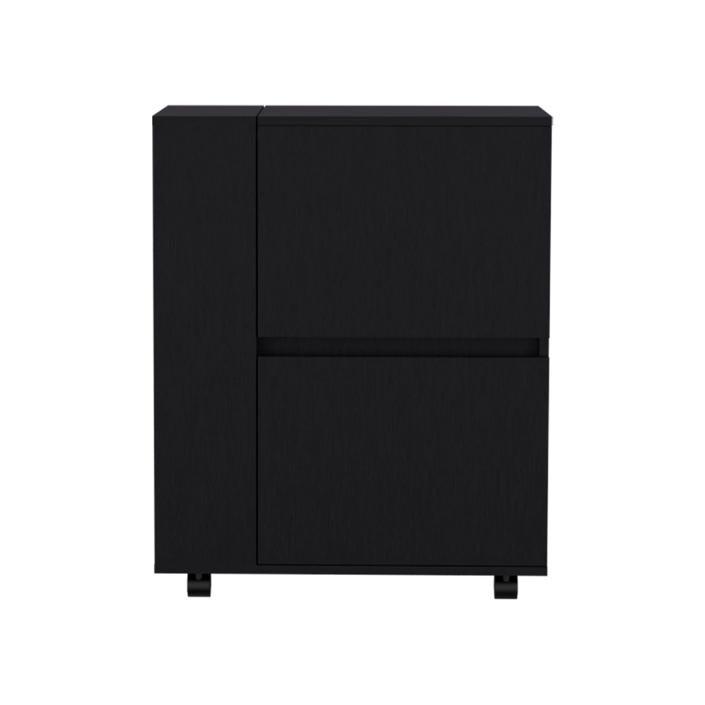Sleek black twodrawer filing cabinet with a modern minimalist design and caster wheels
