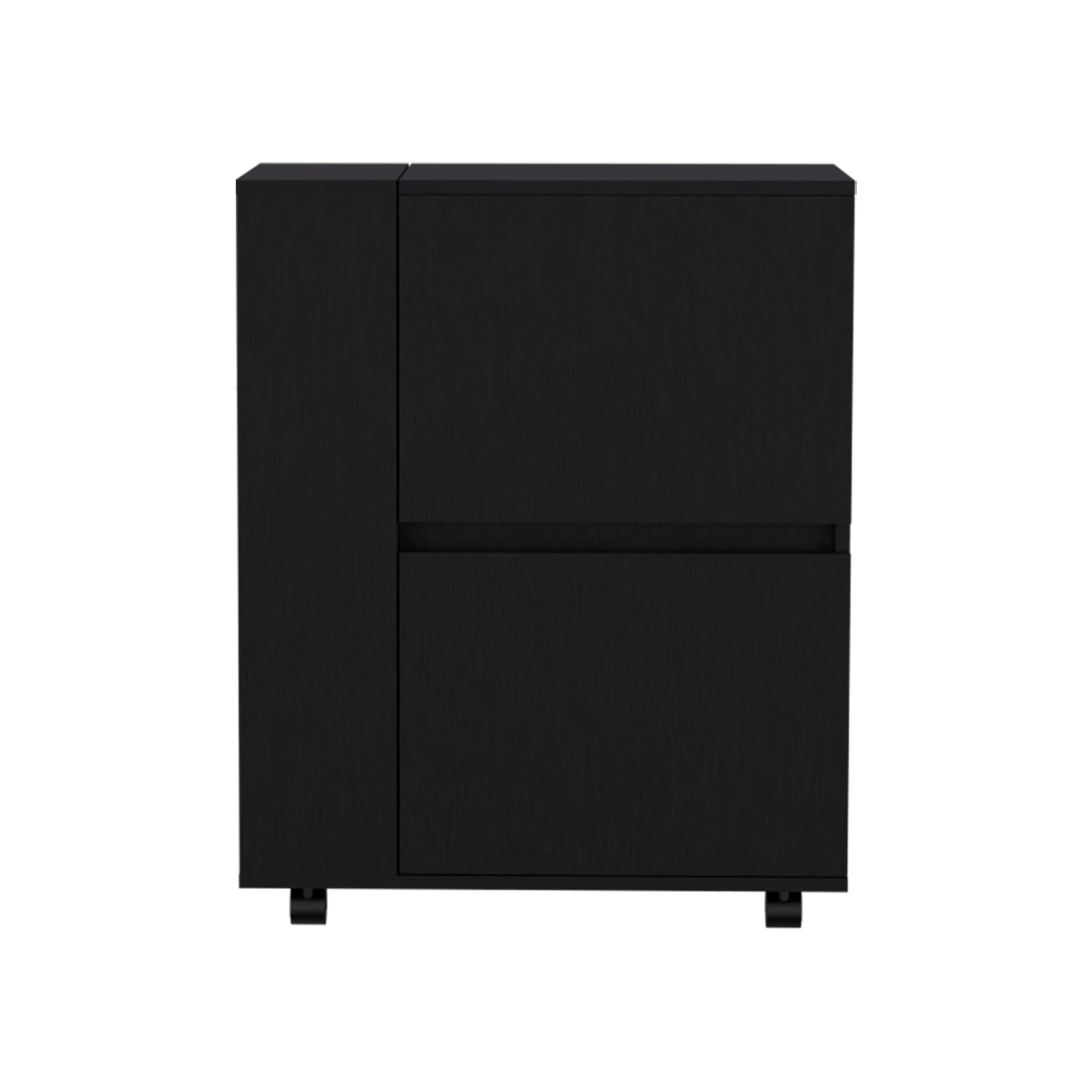 Sleek black twodrawer filing cabinet with a modern minimalist design and caster wheels