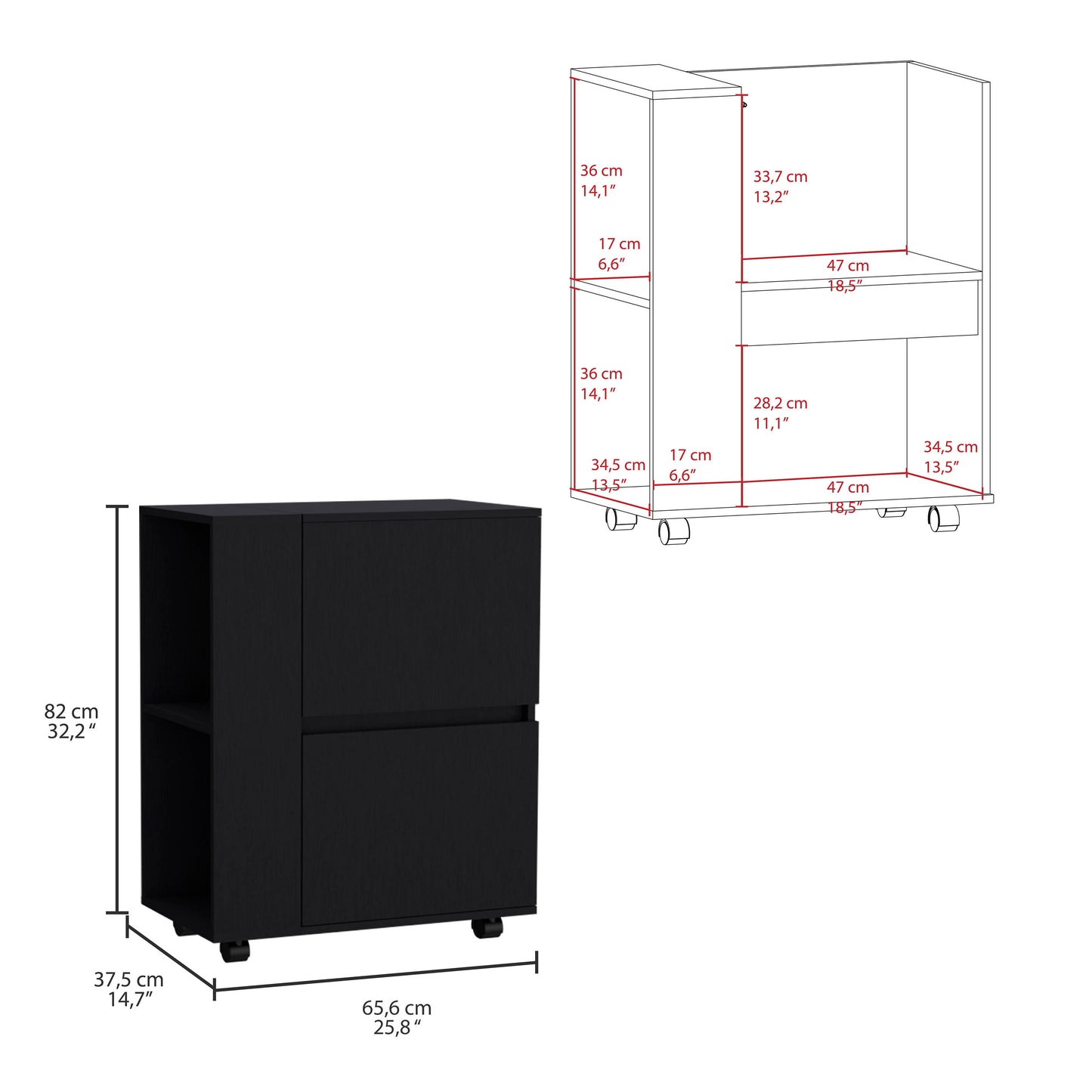 Black rolling file cabinet with two drawers and an open shelf dimensions provided