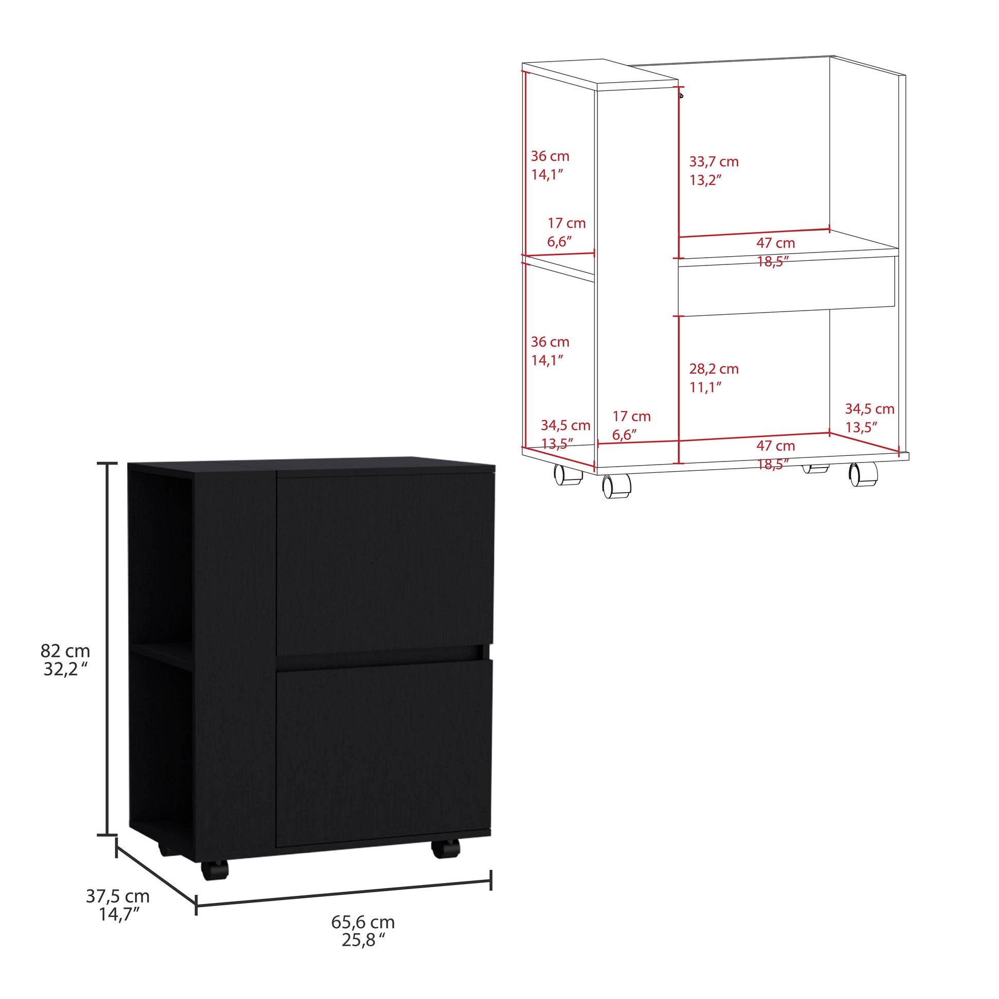 Black rolling file cabinet with two drawers and an open shelf dimensions provided