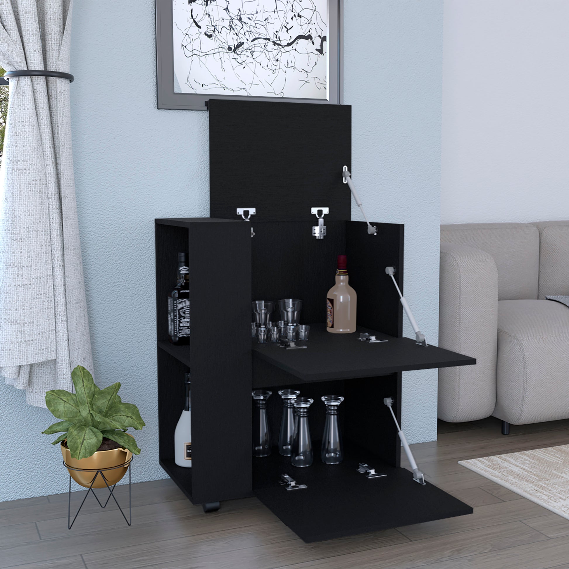 Black modern bar cabinet with liquor bottles and shot glasses
